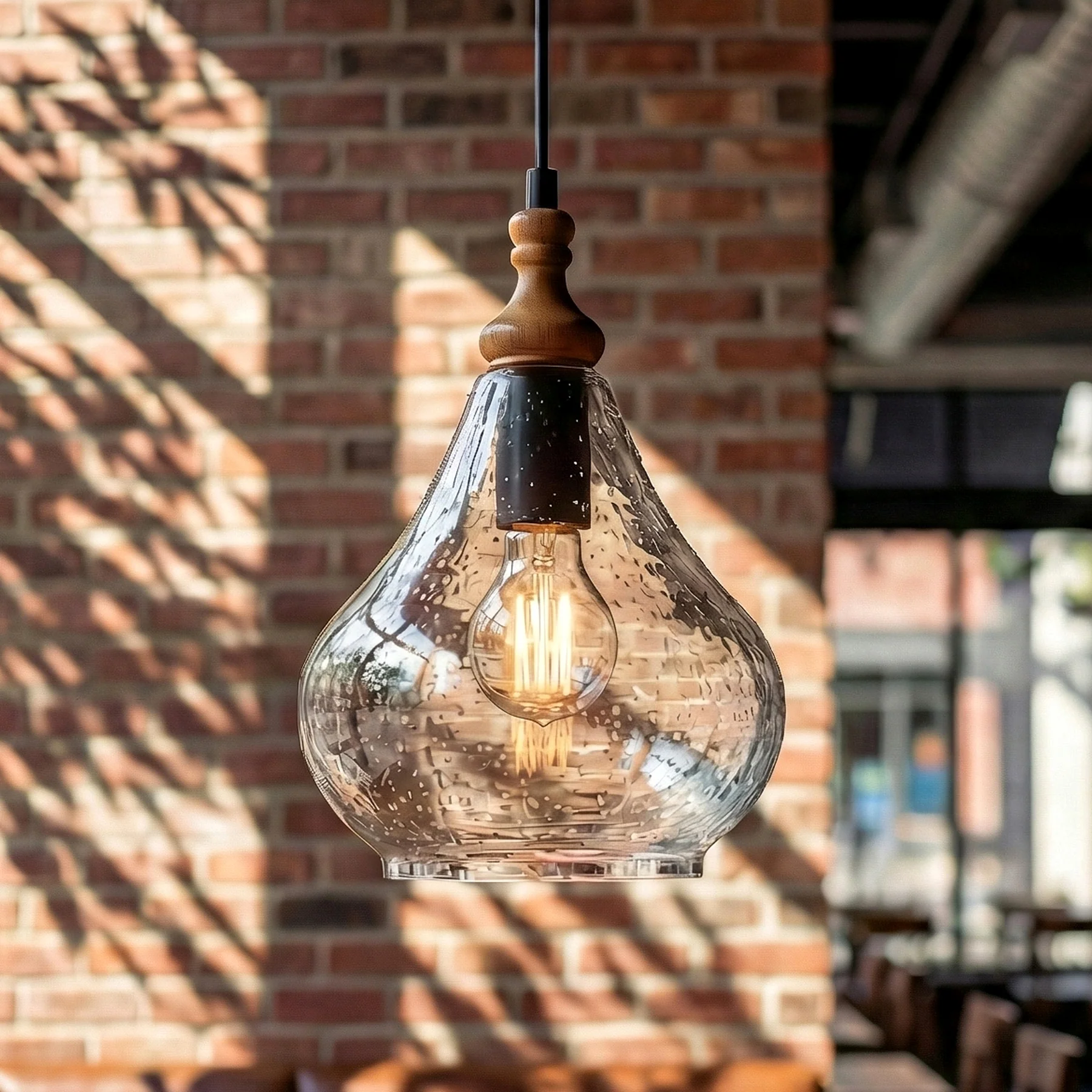 Farmhouse Teardrop Pendant Light, Adjustable Hanging Light Fixture with Seeded Glass Shade