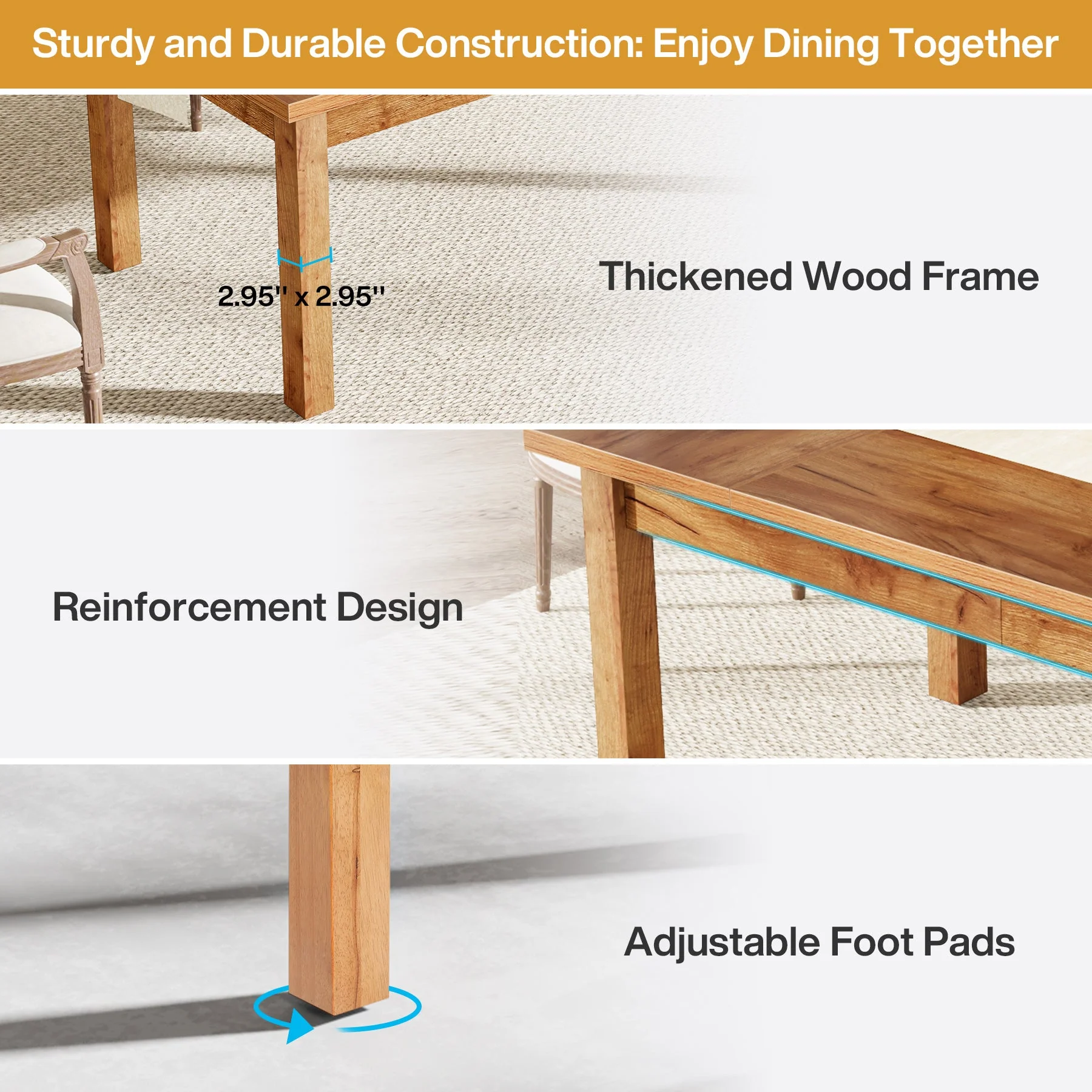 70.9" Wood Dining Table for 6-8 People, Farmhouse Breakfast Table - Image 7