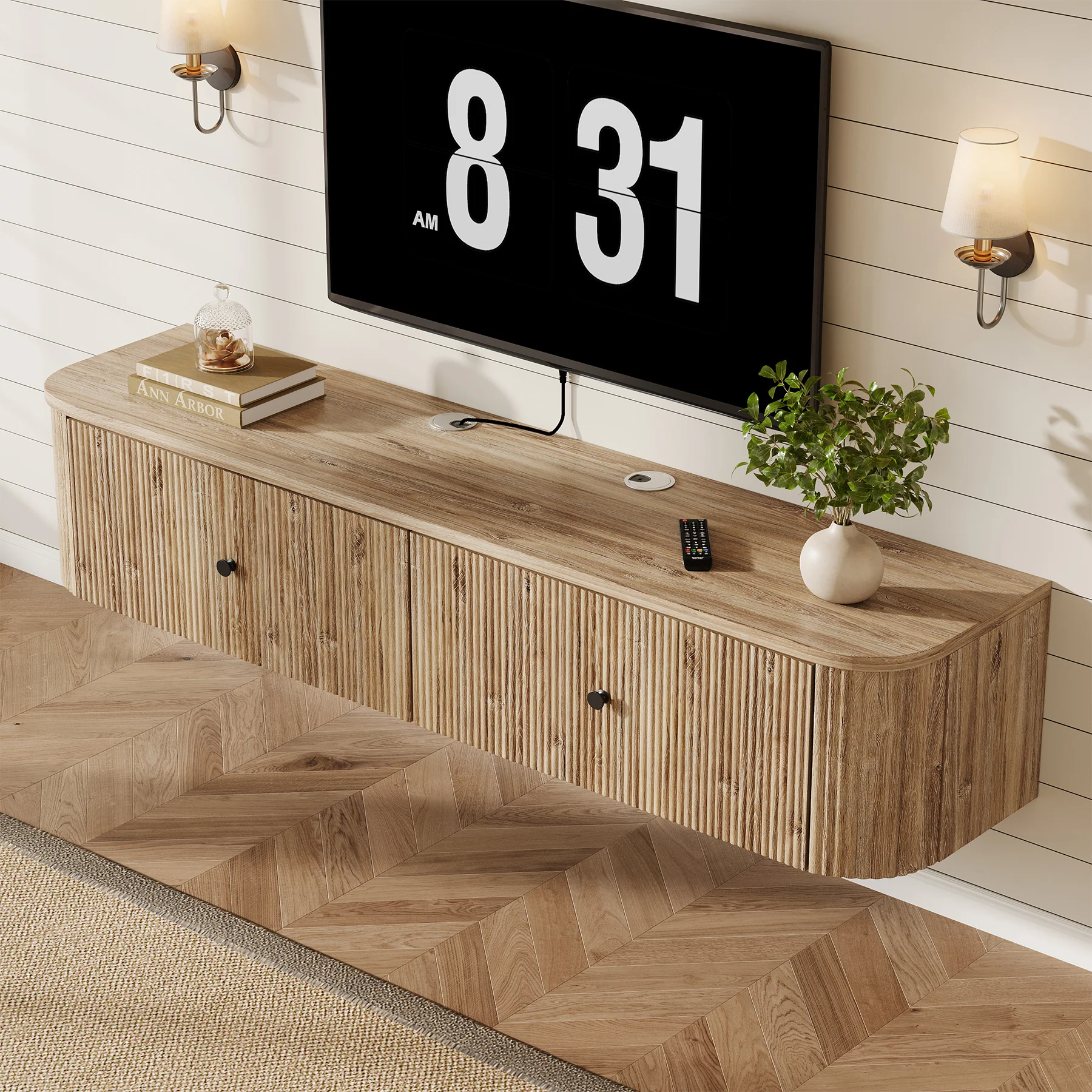 Floating TV Stand, 55" Wall Mounted Media Console with 2 Fluted Drawers - Image 3