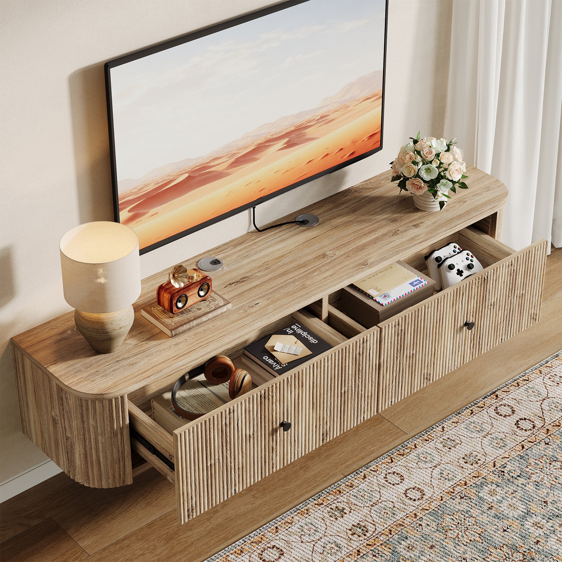 Floating TV Stand, 55" Wall Mounted Media Console with 2 Fluted Drawers - Image 4