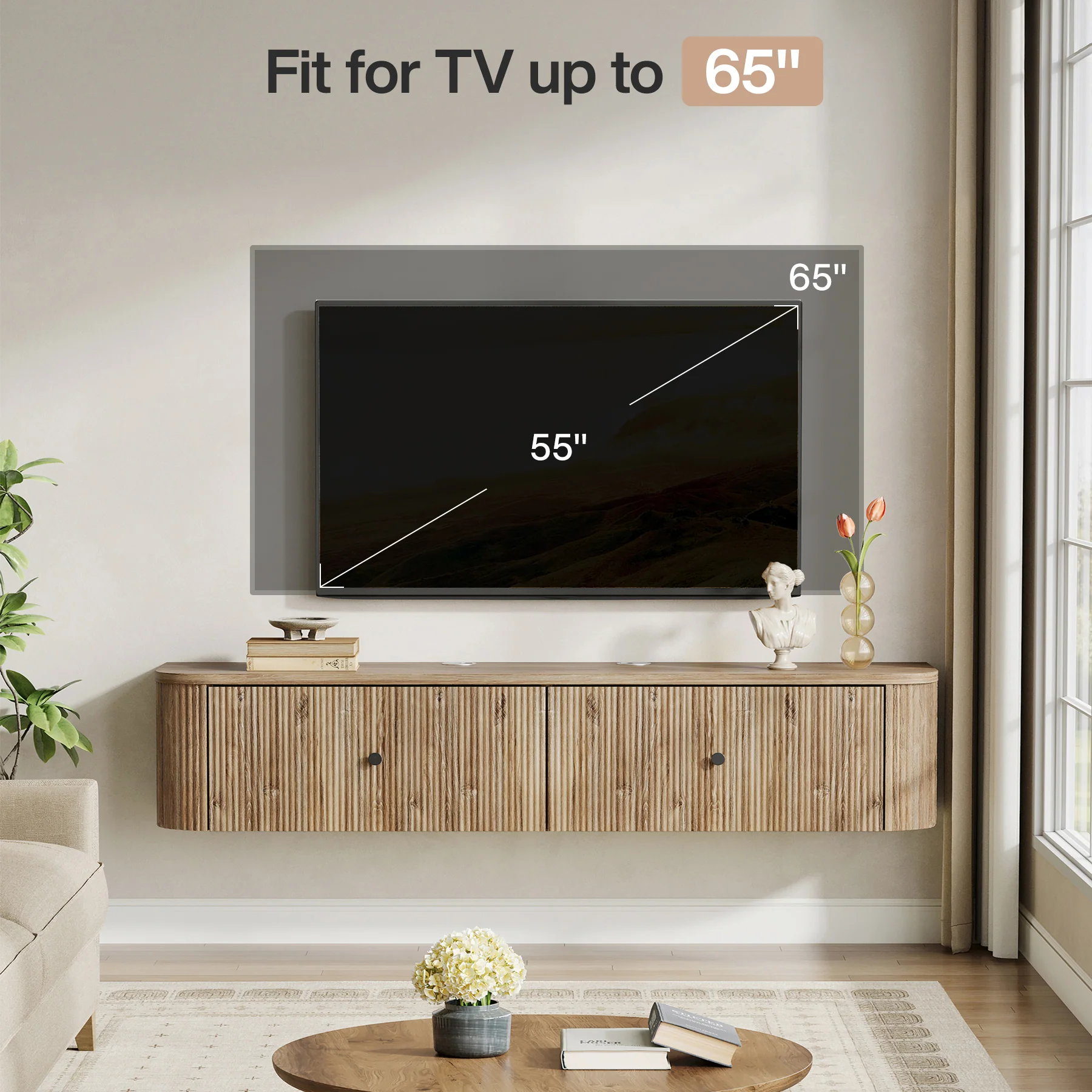 Floating TV Stand, 55" Wall Mounted Media Console with 2 Fluted Drawers - Image 6