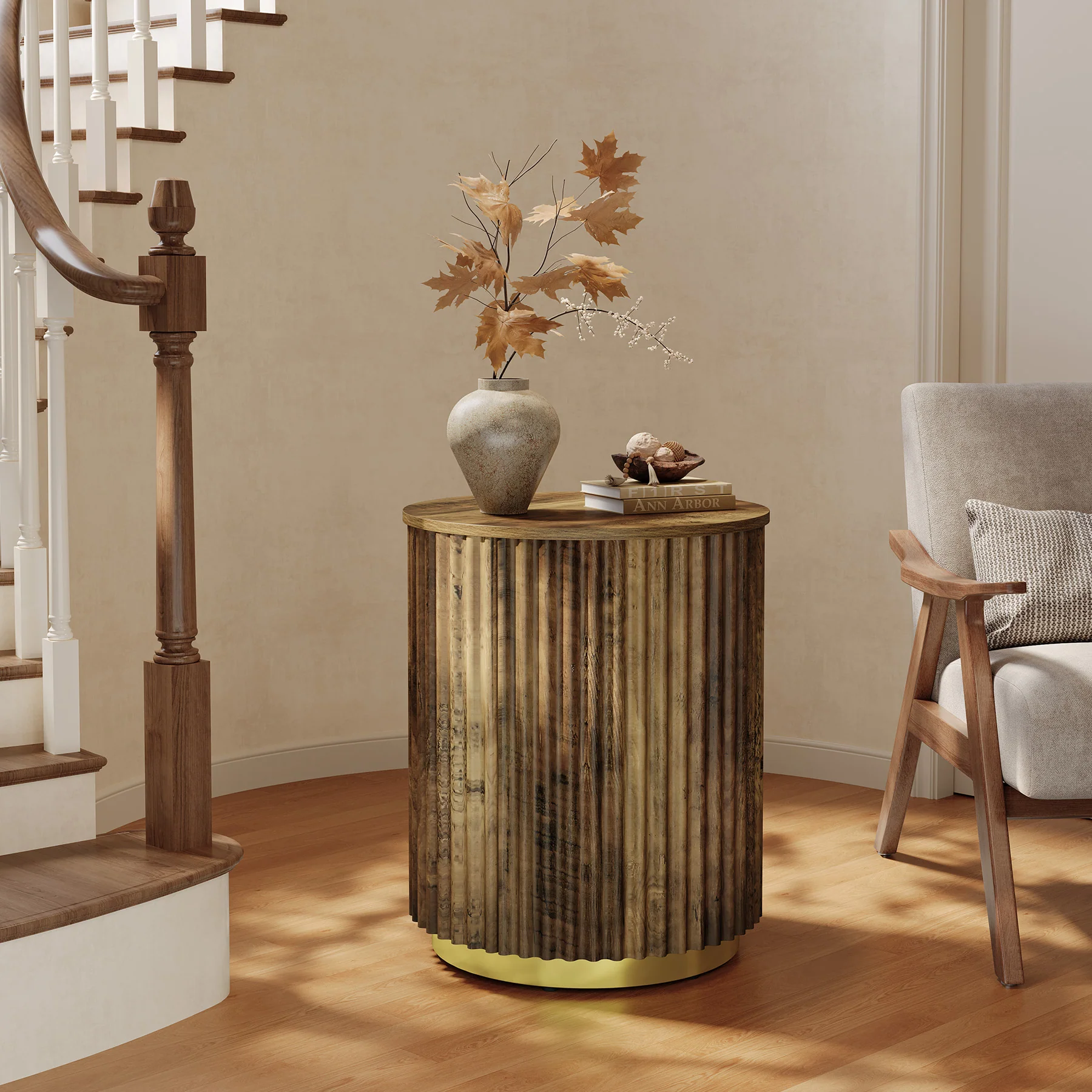 Fluted Round End Table, Small Side Table Nightstand for Living Room, Bedroom - Image 7