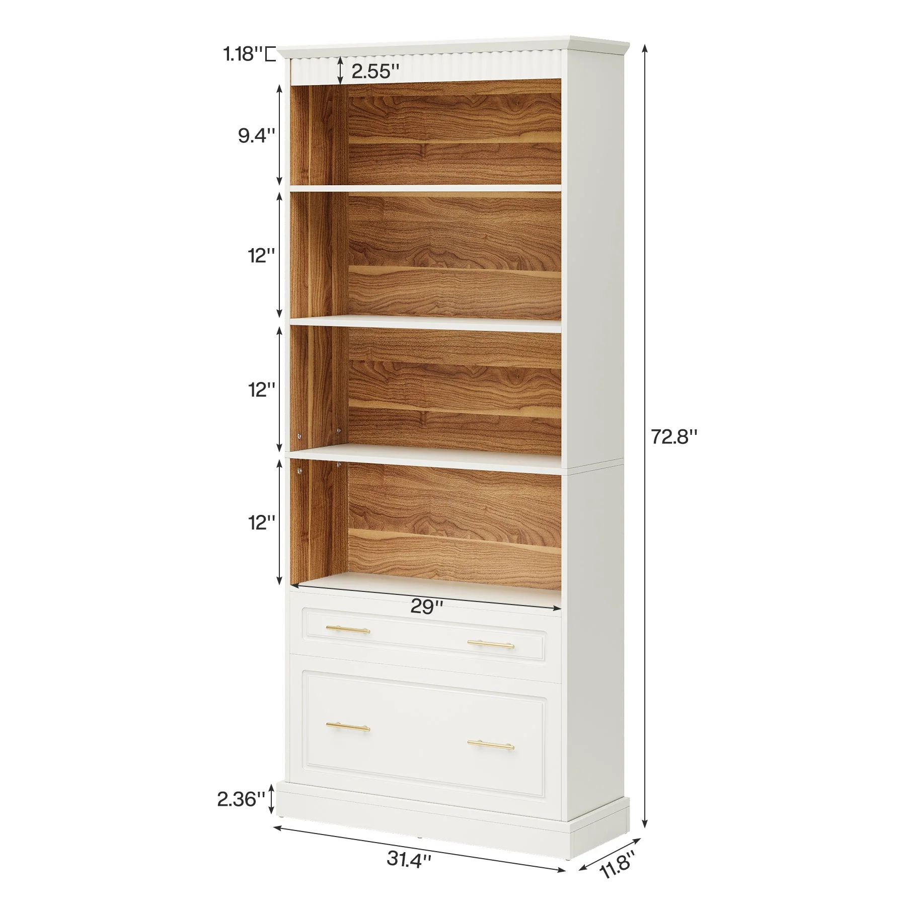 72" Bookshelf with Drawers, Freestanding 5-Shelf Bookcase Display Shelf - Image 2