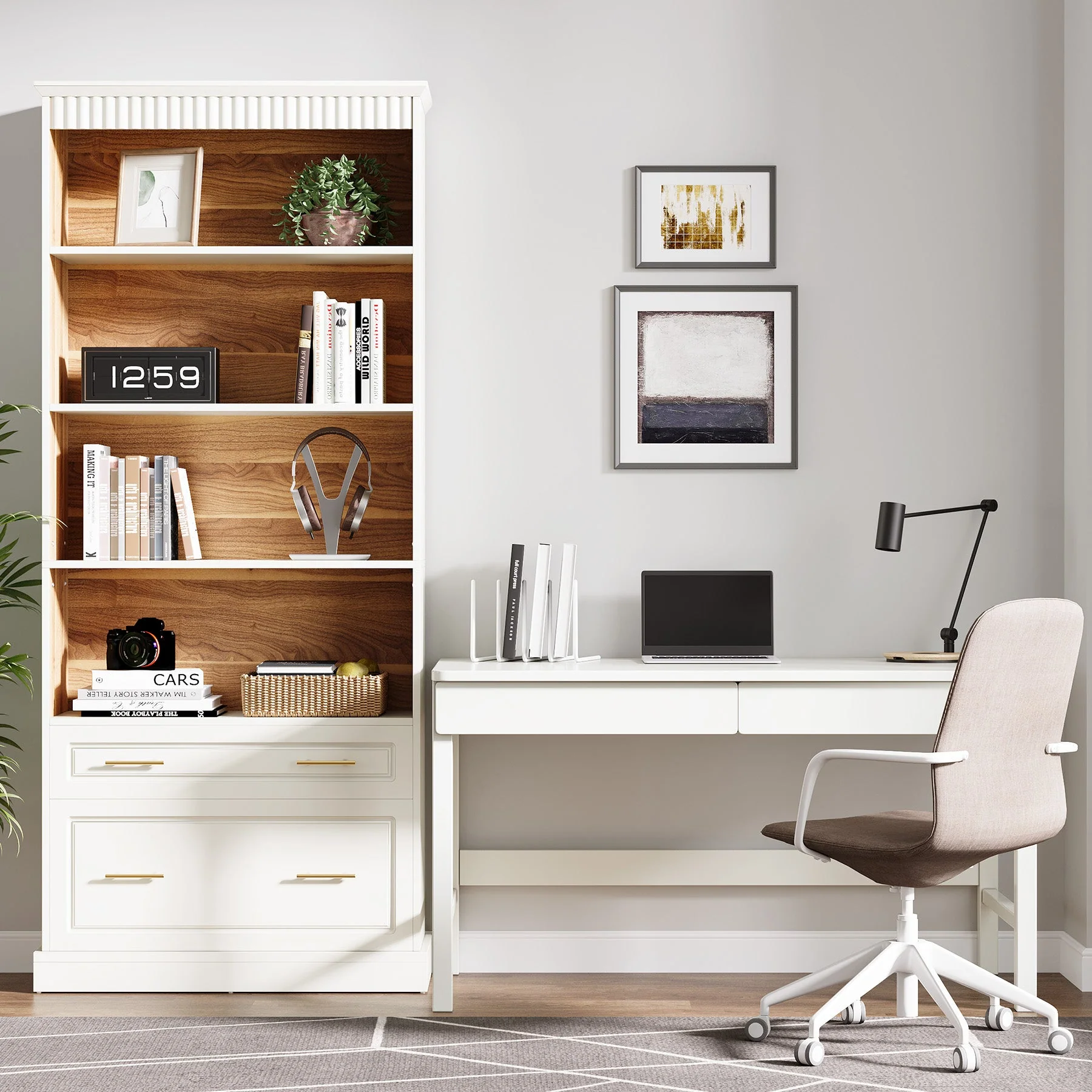 72" Bookshelf with Drawers, Freestanding 5-Shelf Bookcase Display Shelf - Image 3