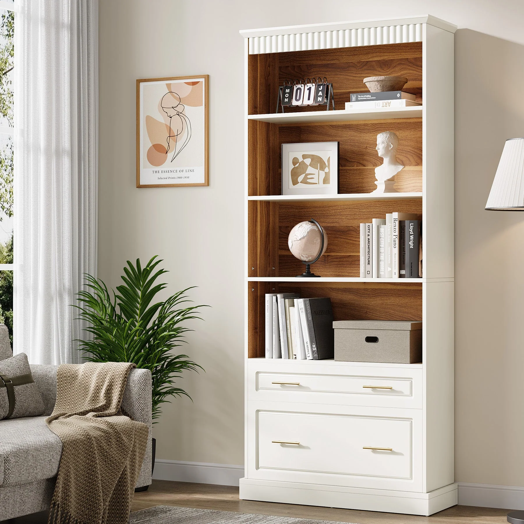 72" Bookshelf with Drawers, Freestanding 5-Shelf Bookcase Display Shelf - Image 4