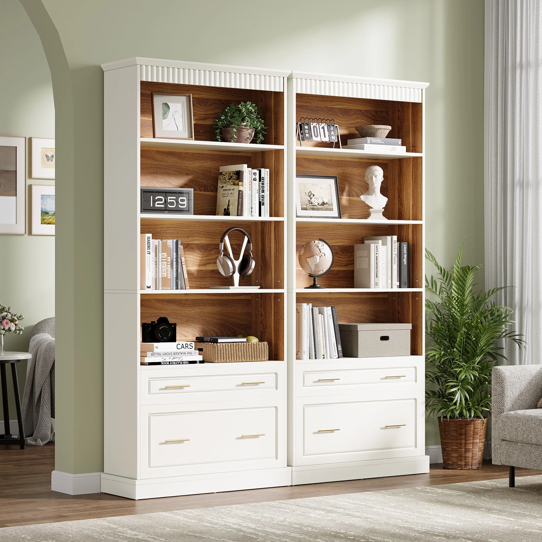 72" Bookshelf with Drawers, Freestanding 5-Shelf Bookcase Display Shelf - Image 5
