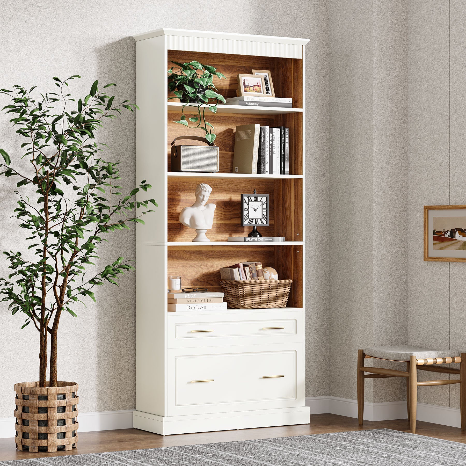 72" Bookshelf with Drawers, Freestanding 5-Shelf Bookcase Display Shelf - Image 6