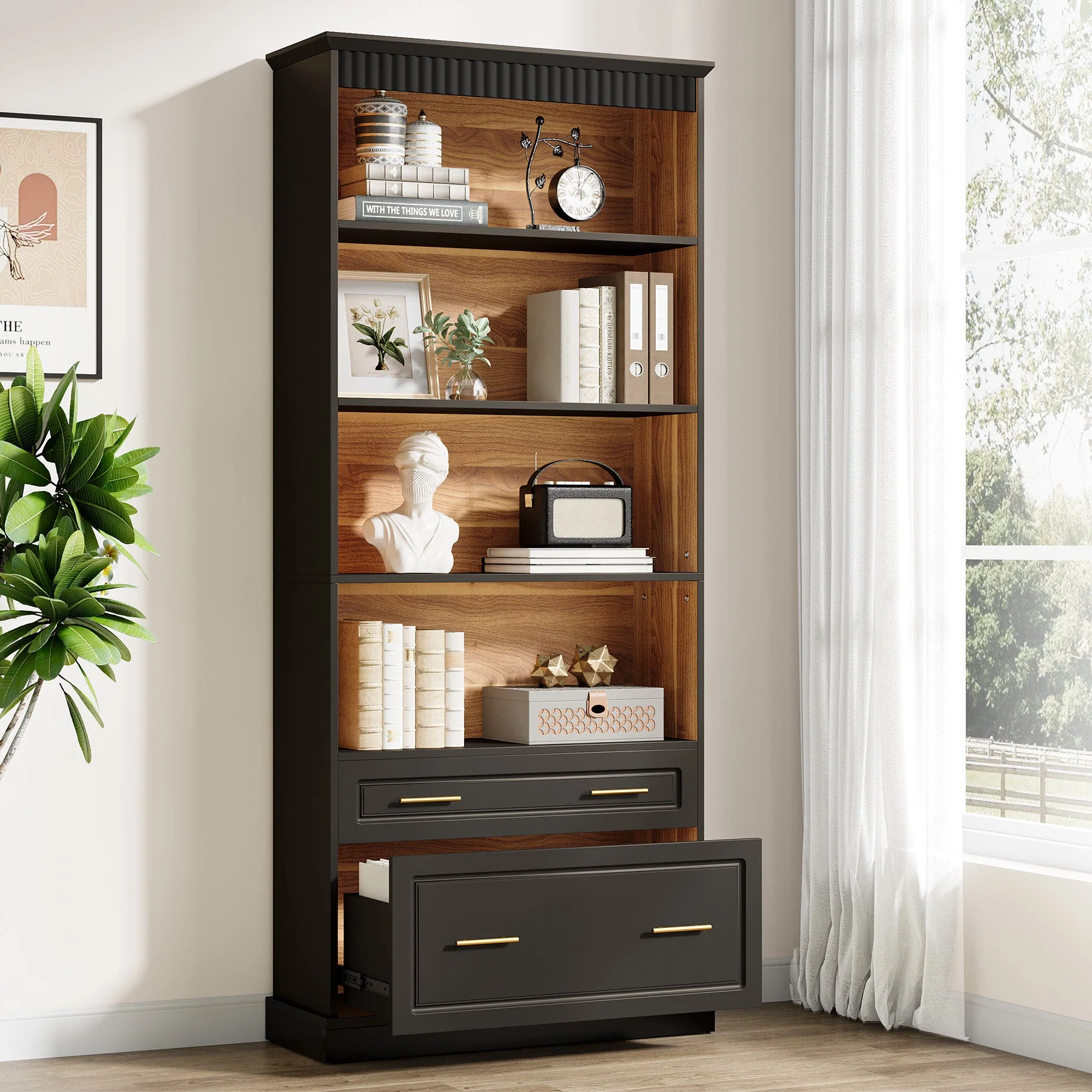 72" Bookshelf with Drawers, Freestanding 5-Shelf Bookcase Display Shelf - Image 7