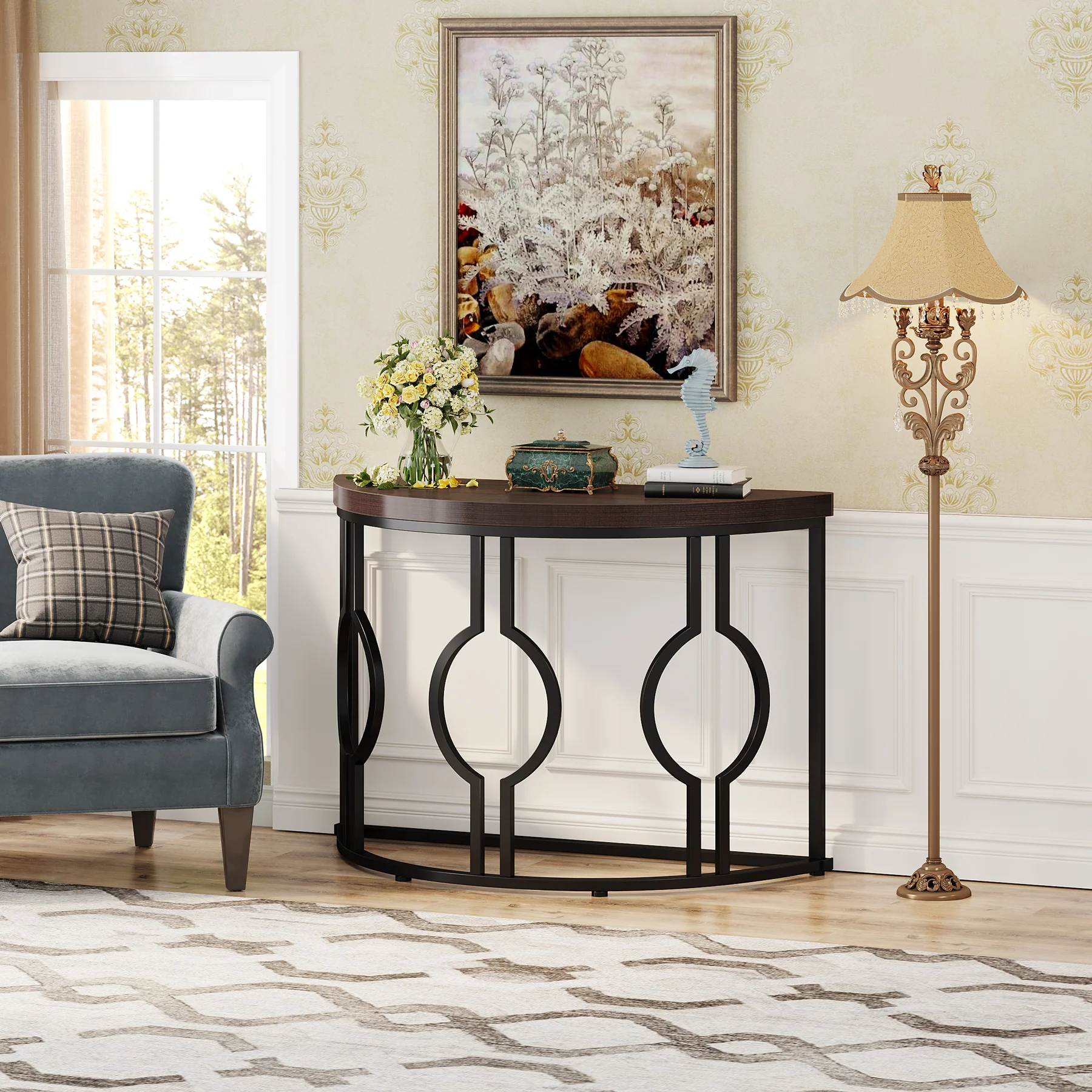 43" Industrial Console Table, Half Moon Shaped Accent Sofa Table - Image 3