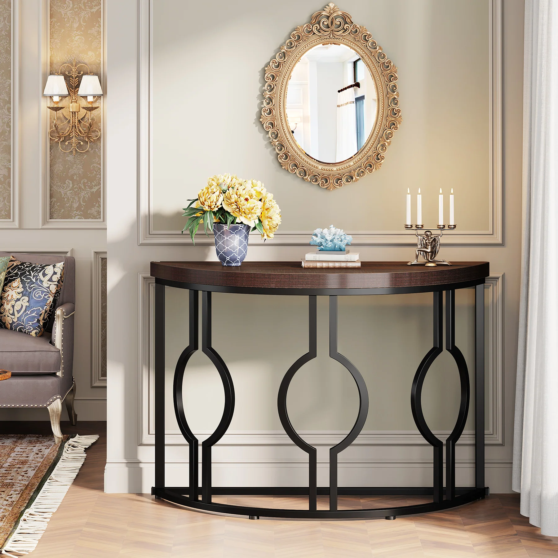 43" Industrial Console Table, Half Moon Shaped Accent Sofa Table - Image 4