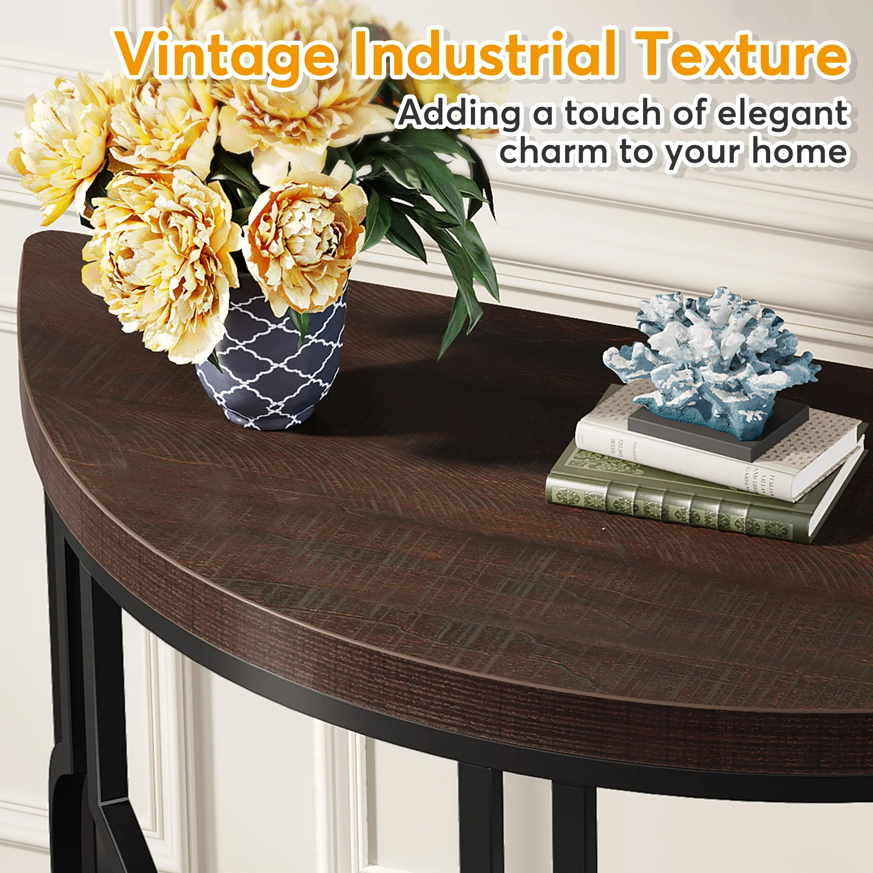 43" Industrial Console Table, Half Moon Shaped Accent Sofa Table - Image 5