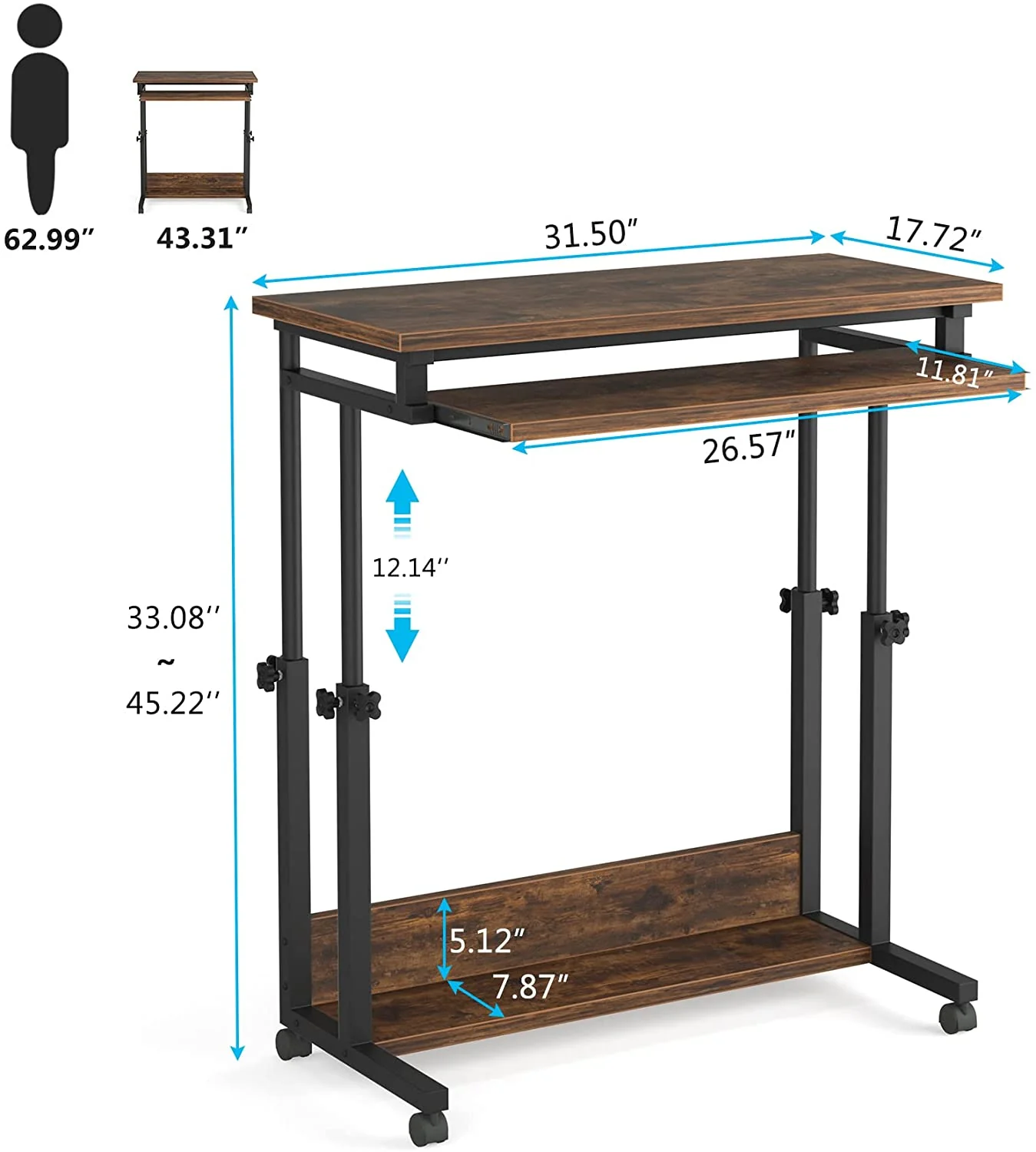 Height Adjustable Desk, Rolling Standing Portable Laptop Table - Image 6