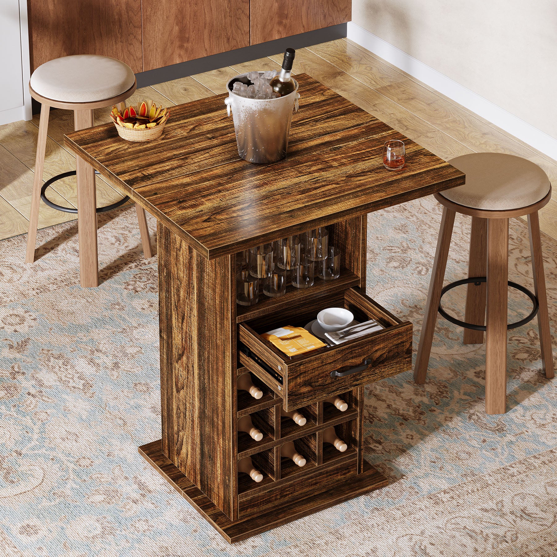 Home Bar Unit,  Square Liquor Bar Cabinet with Storage Drawer and Wine Rack - Image 3