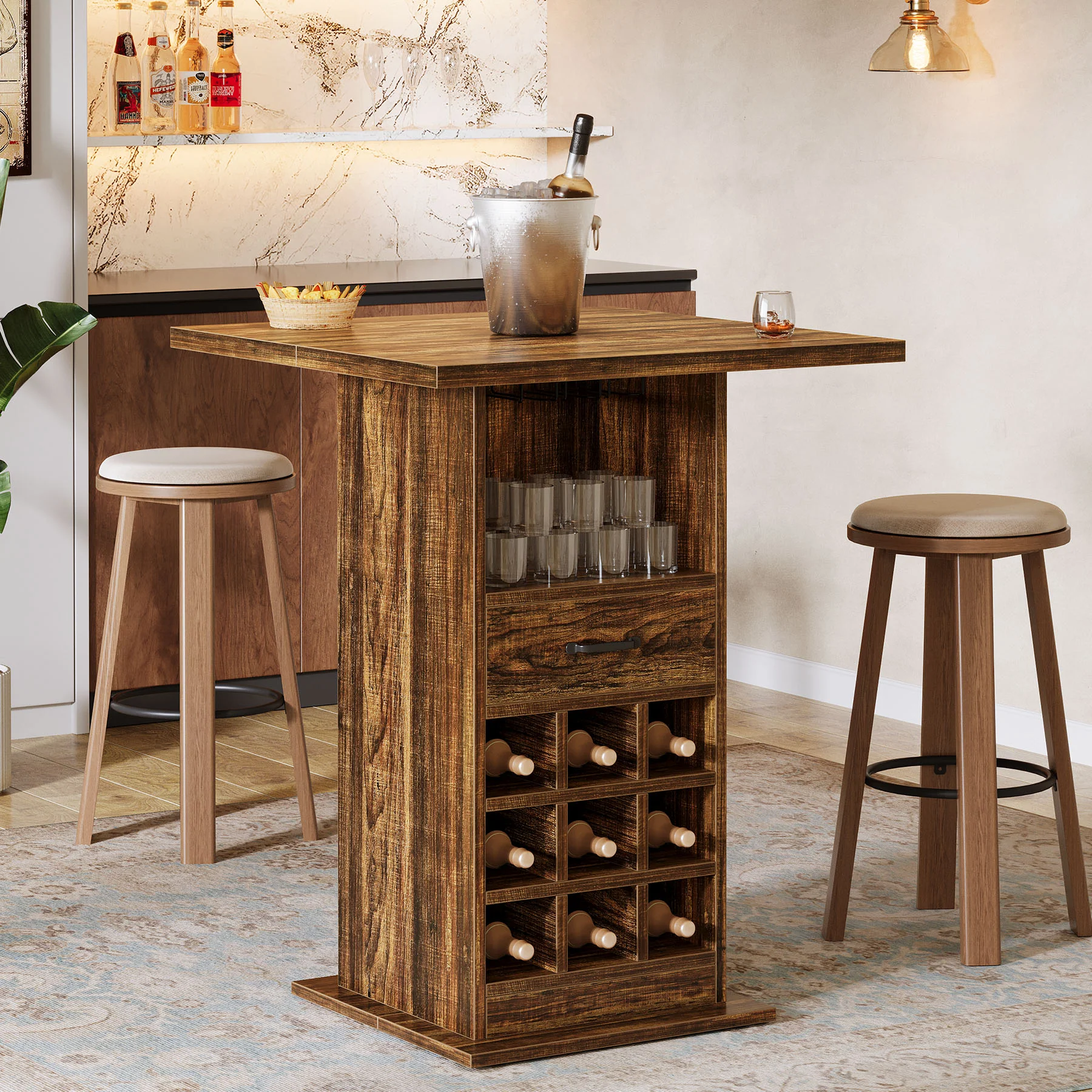 Home Bar Unit,  Square Liquor Bar Cabinet with Storage Drawer and Wine Rack - Image 4