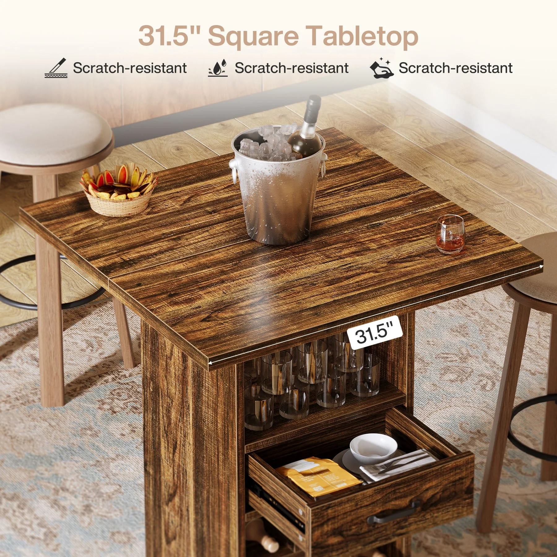Home Bar Unit,  Square Liquor Bar Cabinet with Storage Drawer and Wine Rack - Image 6