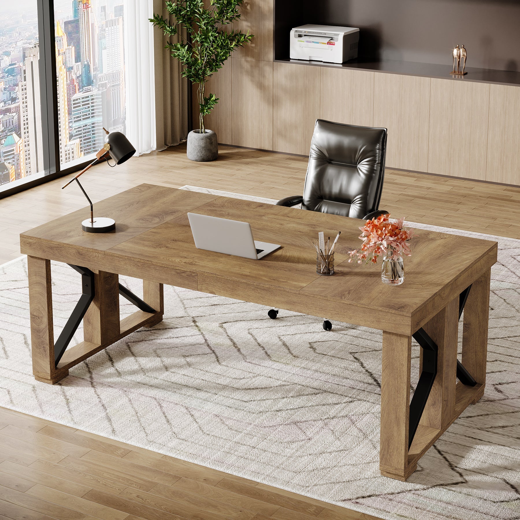 70.8" Executive Computer Desk, Home Office Desk with Strong Double Pedestal - Image 4