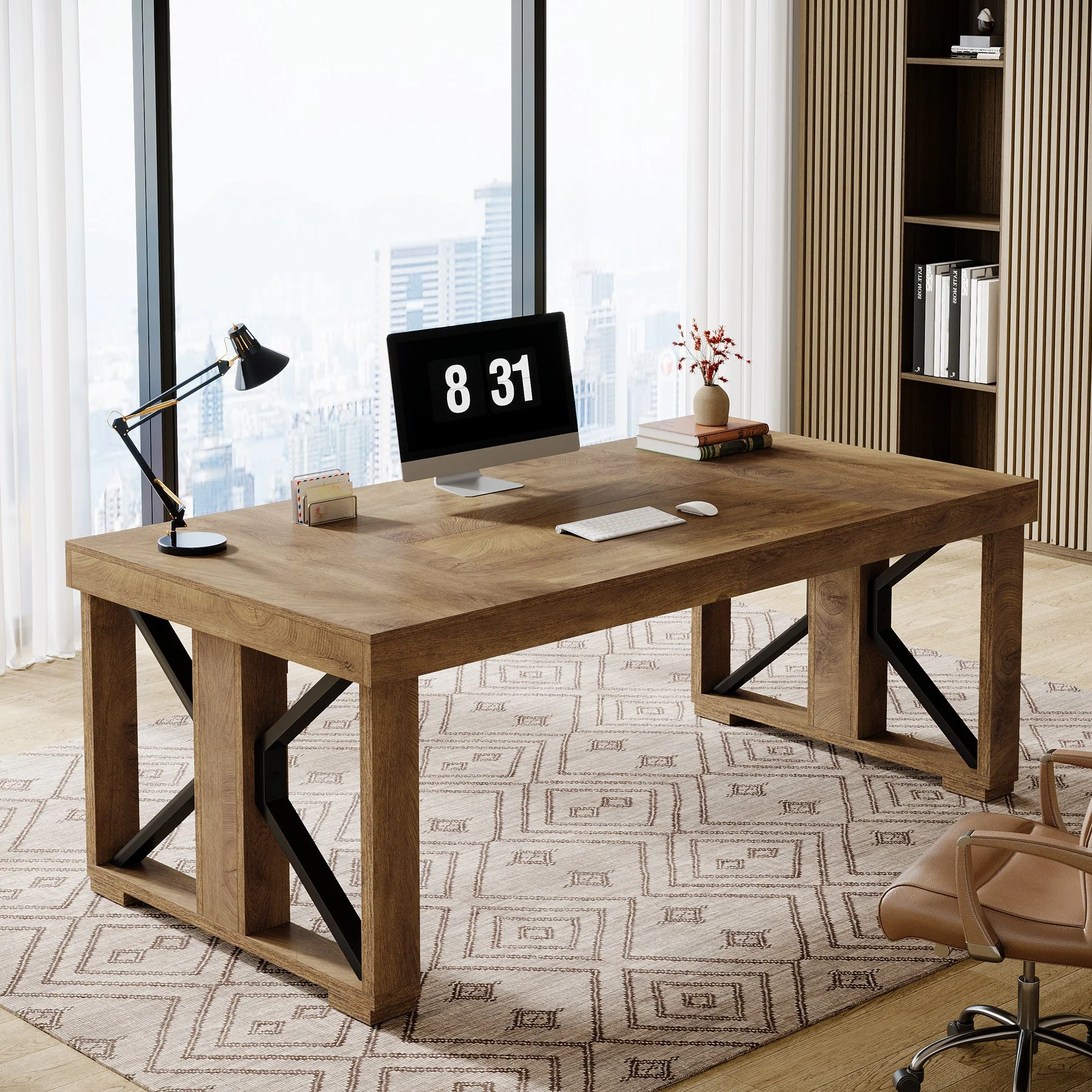 70.8" Executive Computer Desk, Home Office Desk with Strong Double Pedestal - Image 5