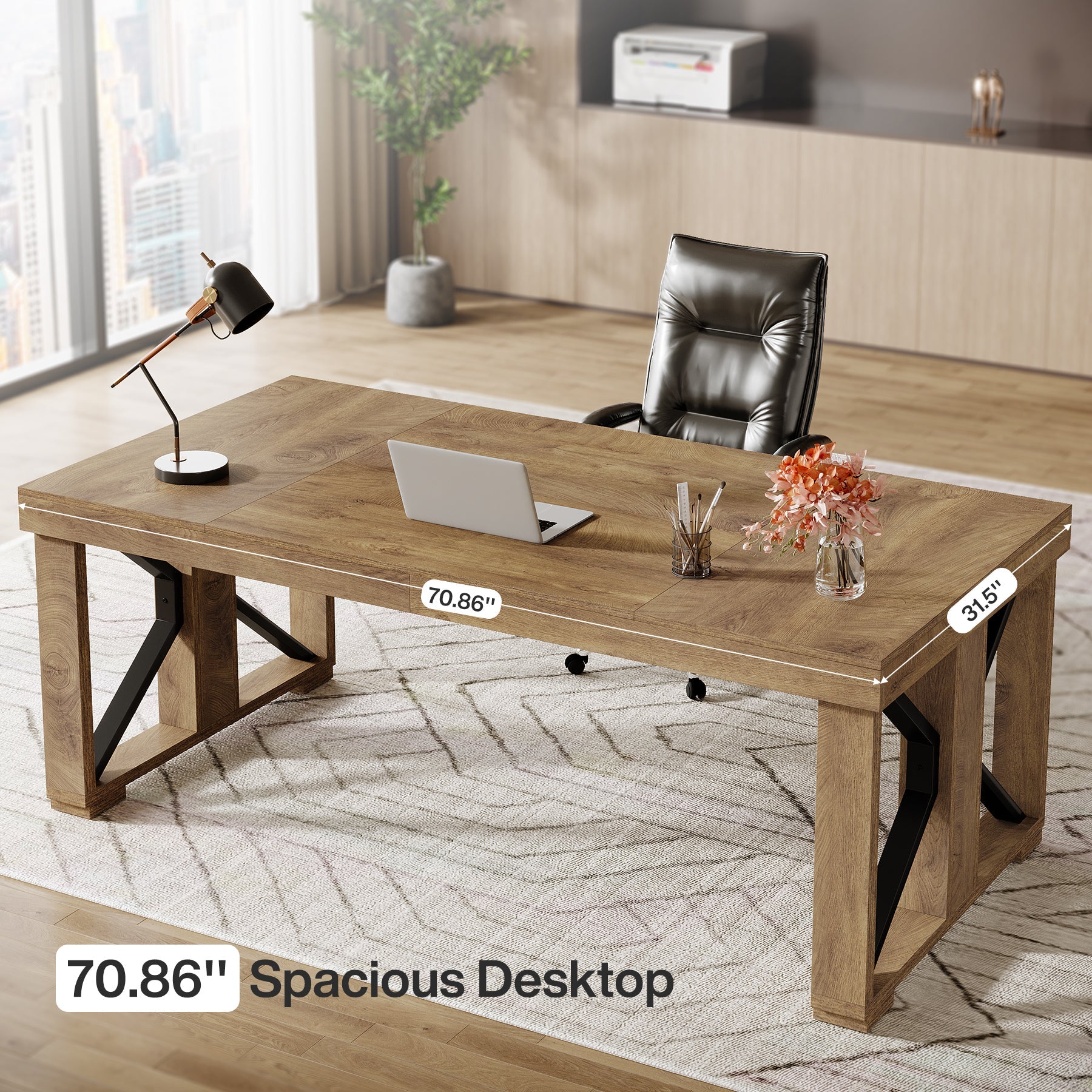 70.8" Executive Computer Desk, Home Office Desk with Strong Double Pedestal - Image 8