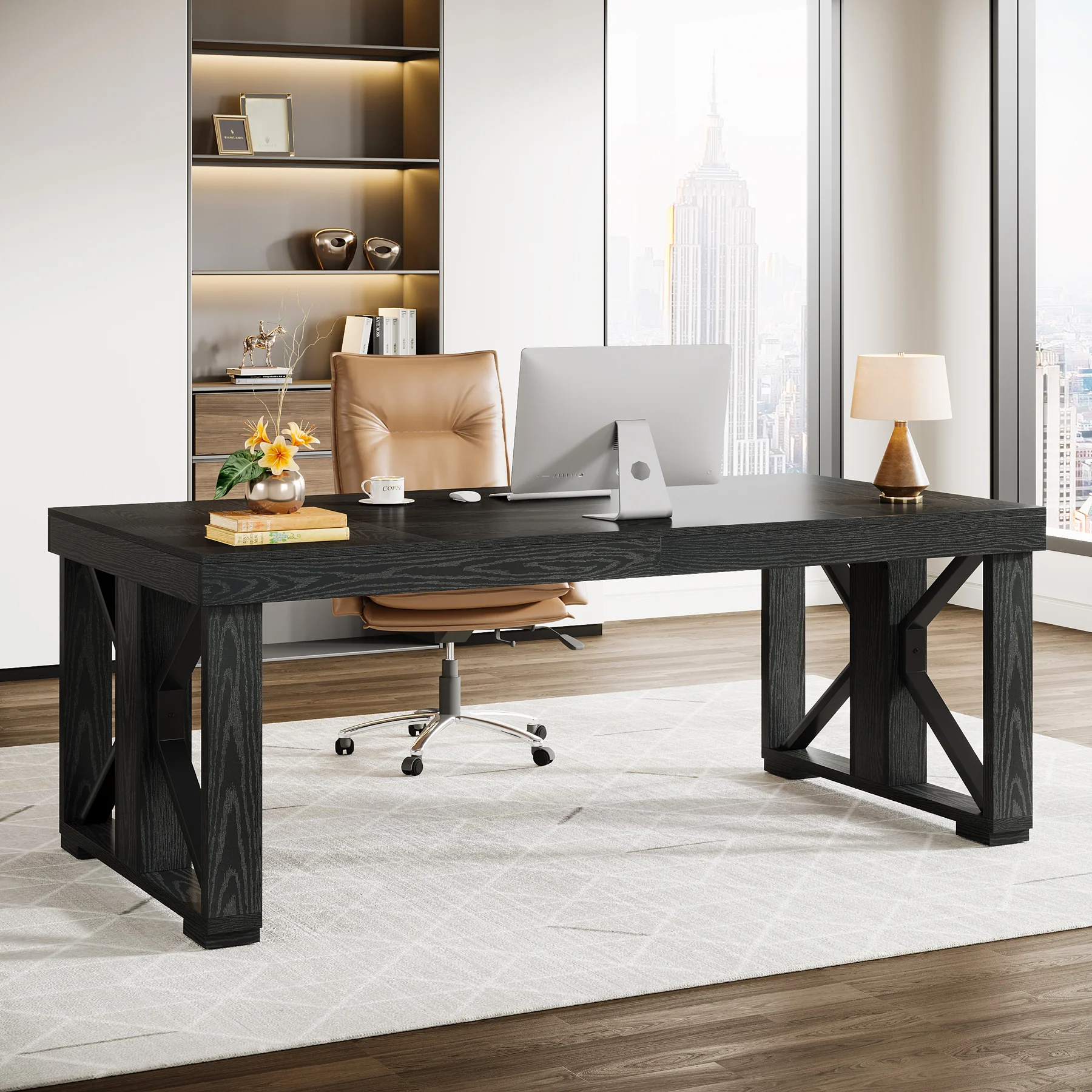 70.8" Executive Computer Desk, Home Office Desk with Strong Double Pedestal - Image 9