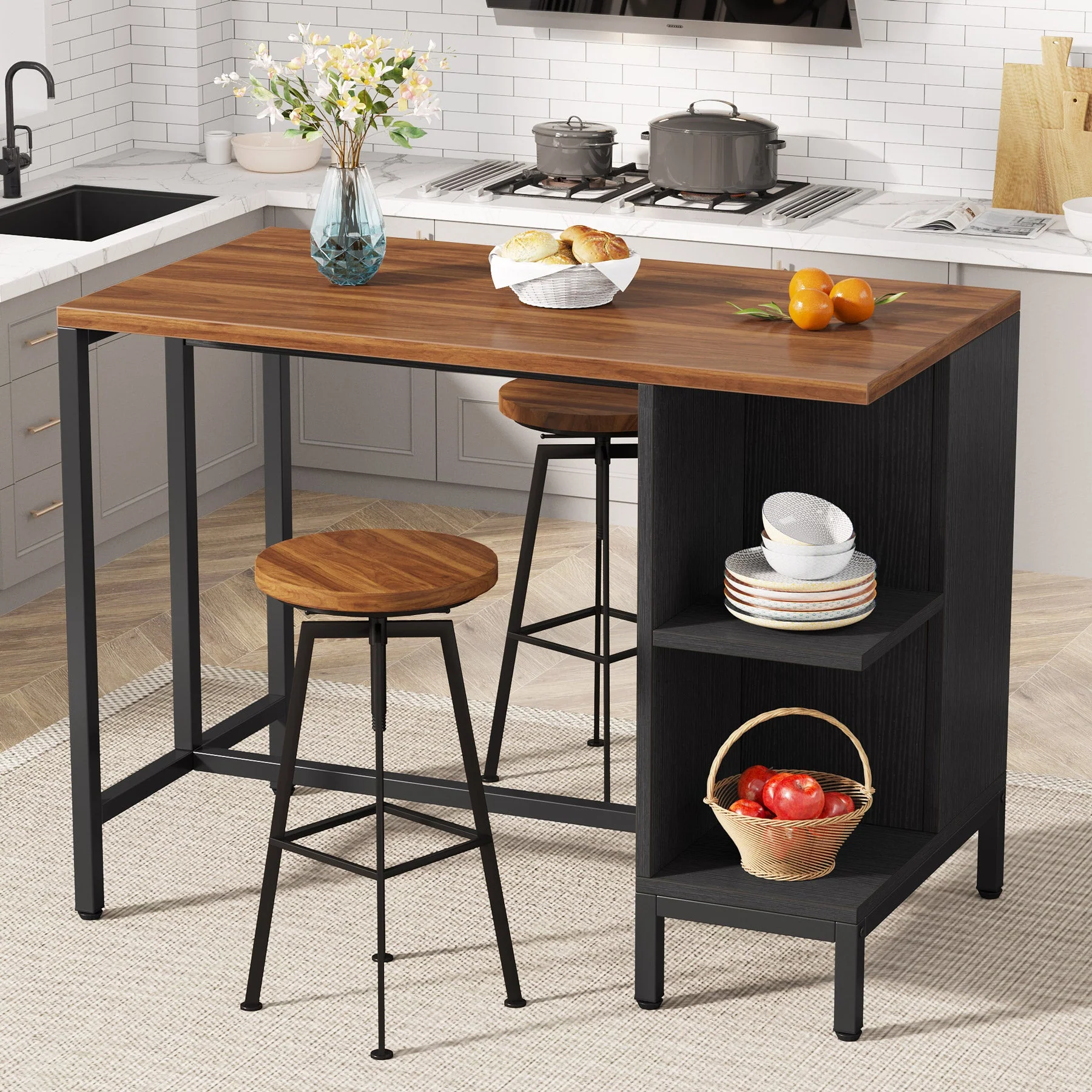 43" Kitchen Island Kitchen Counter Table with 5 Open Shelves - Image 3