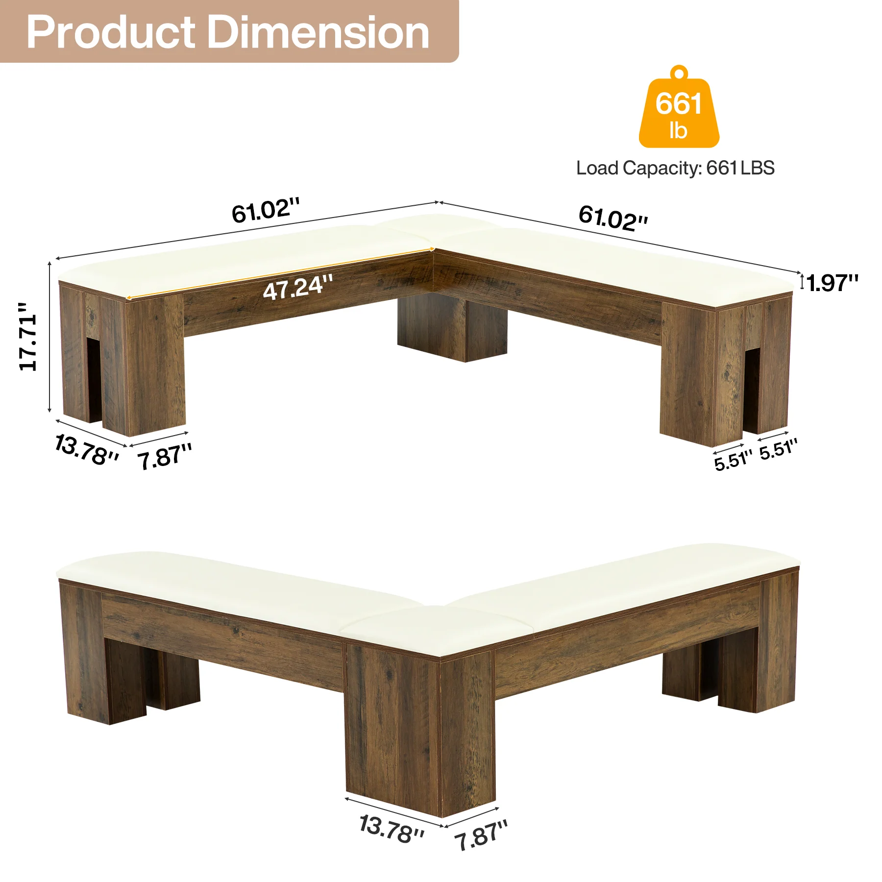 L-Shaped Bench, 61" Entryway Shoe Bench with Padded Seat Cushion - Image 2