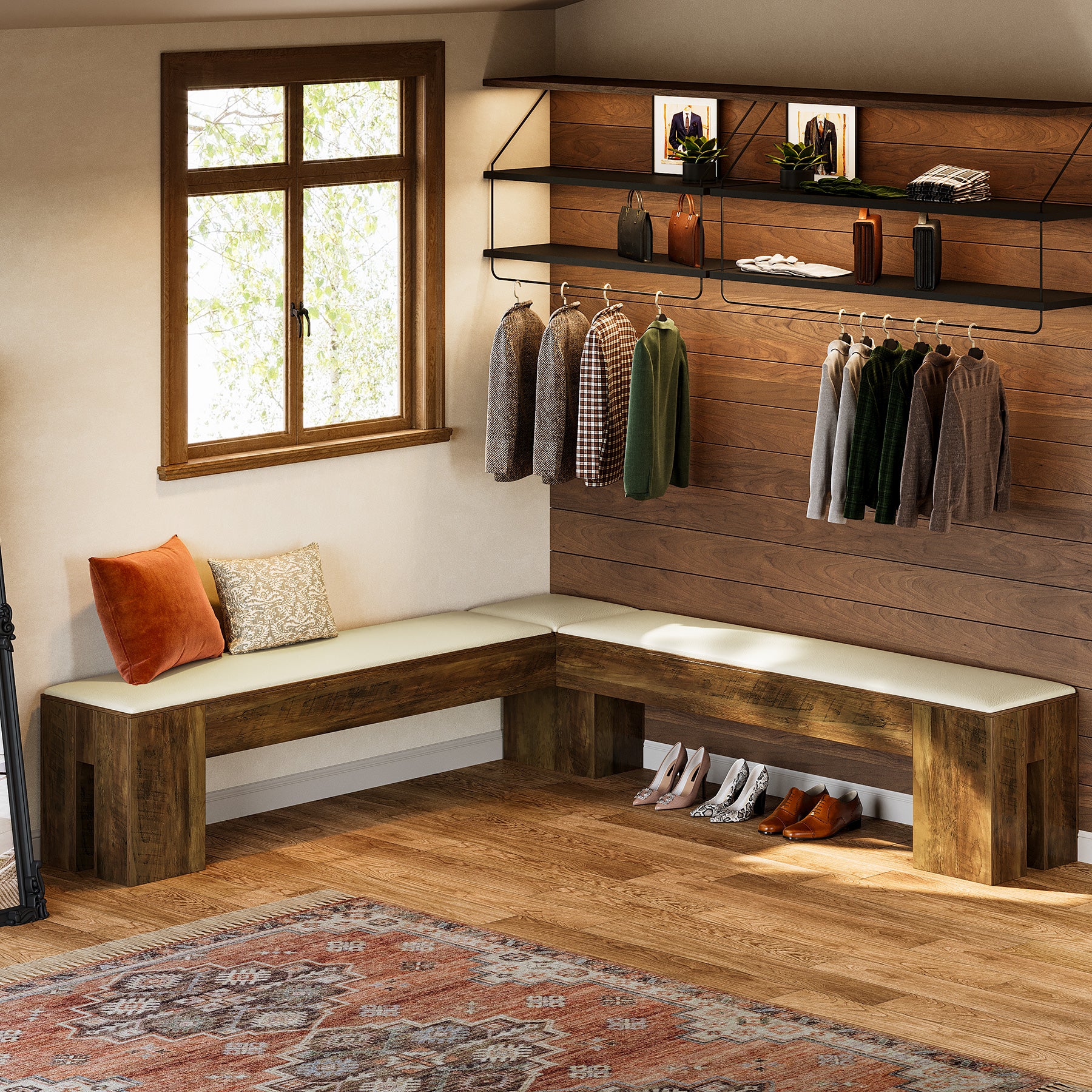 L-Shaped Bench, 61" Entryway Shoe Bench with Padded Seat Cushion - Image 6