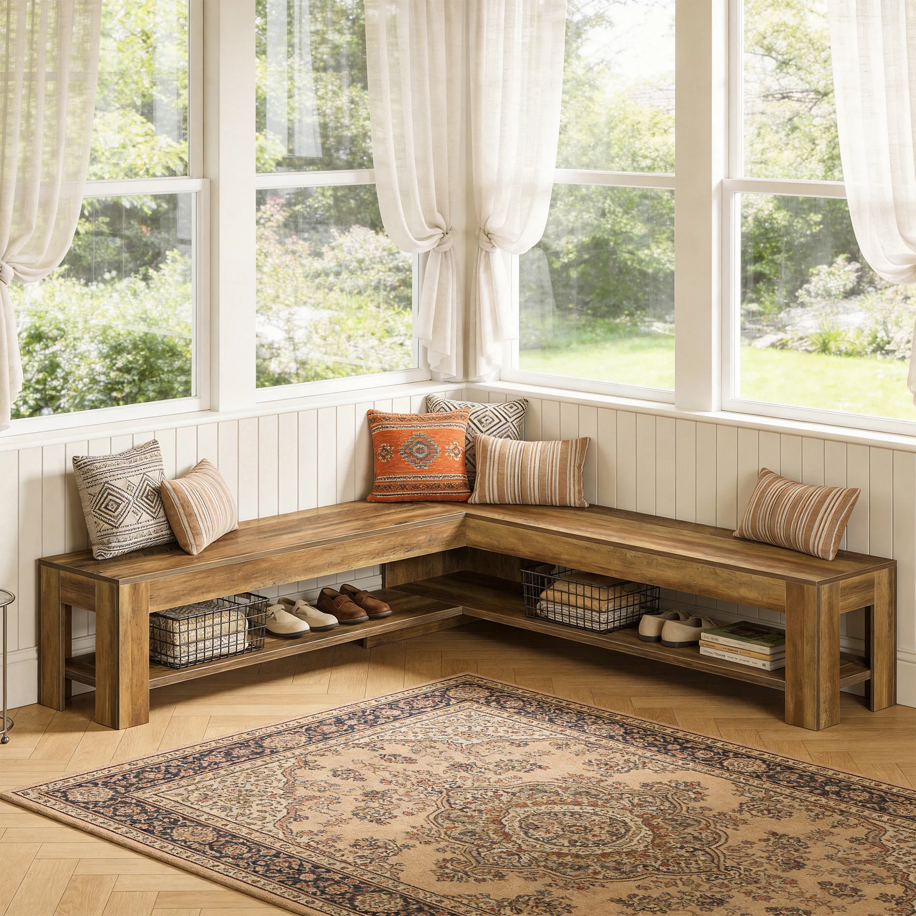 L-Shaped Bench, Corner Dining Nook Bench with Storage Shelf for Kitchen, Living Room