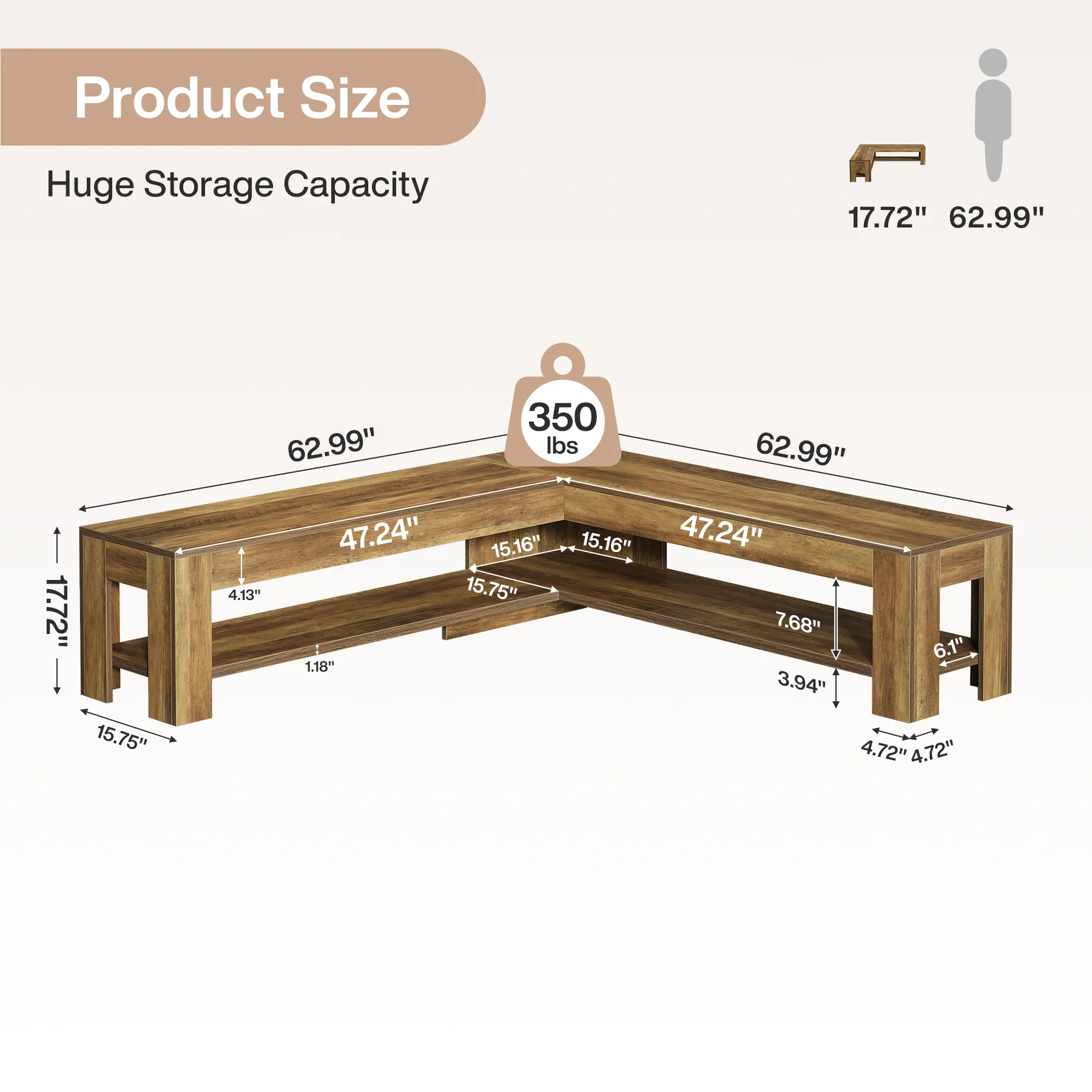L-Shaped Bench, Corner Dining Nook Bench with Storage Shelf for Kitchen, Living Room - Image 2