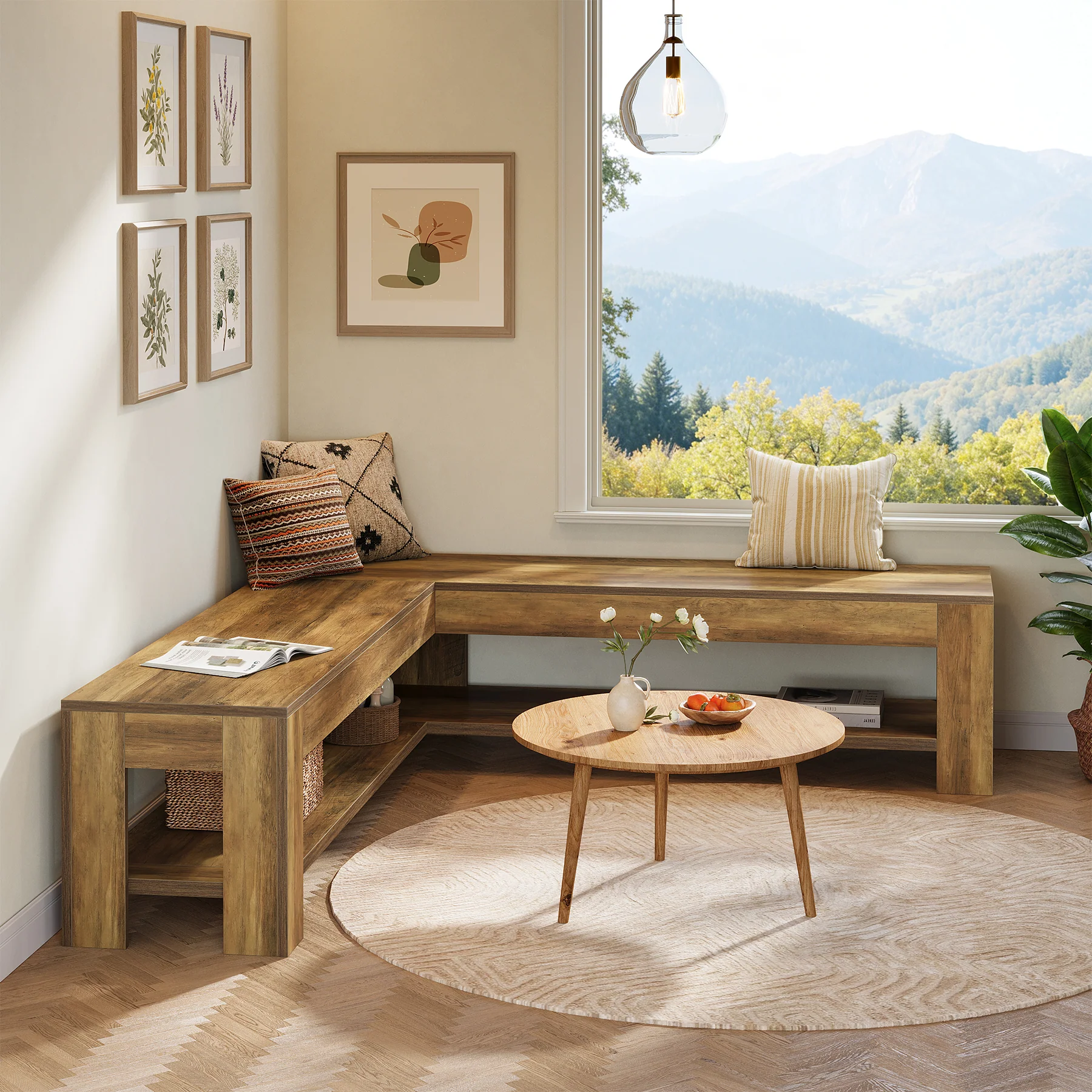 L-Shaped Bench, Corner Dining Nook Bench with Storage Shelf for Kitchen, Living Room - Image 3