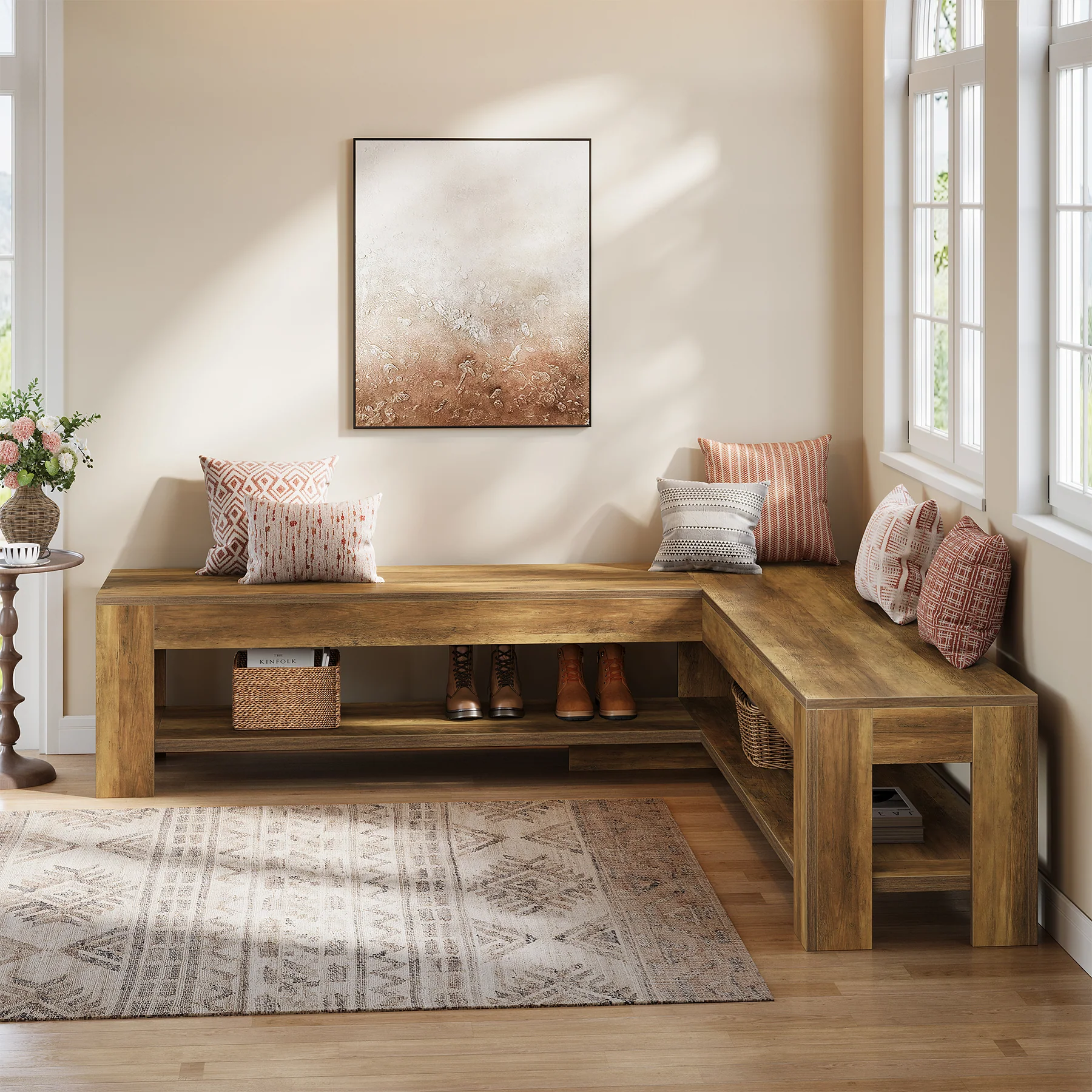 L-Shaped Bench, Corner Dining Nook Bench with Storage Shelf for Kitchen, Living Room - Image 4