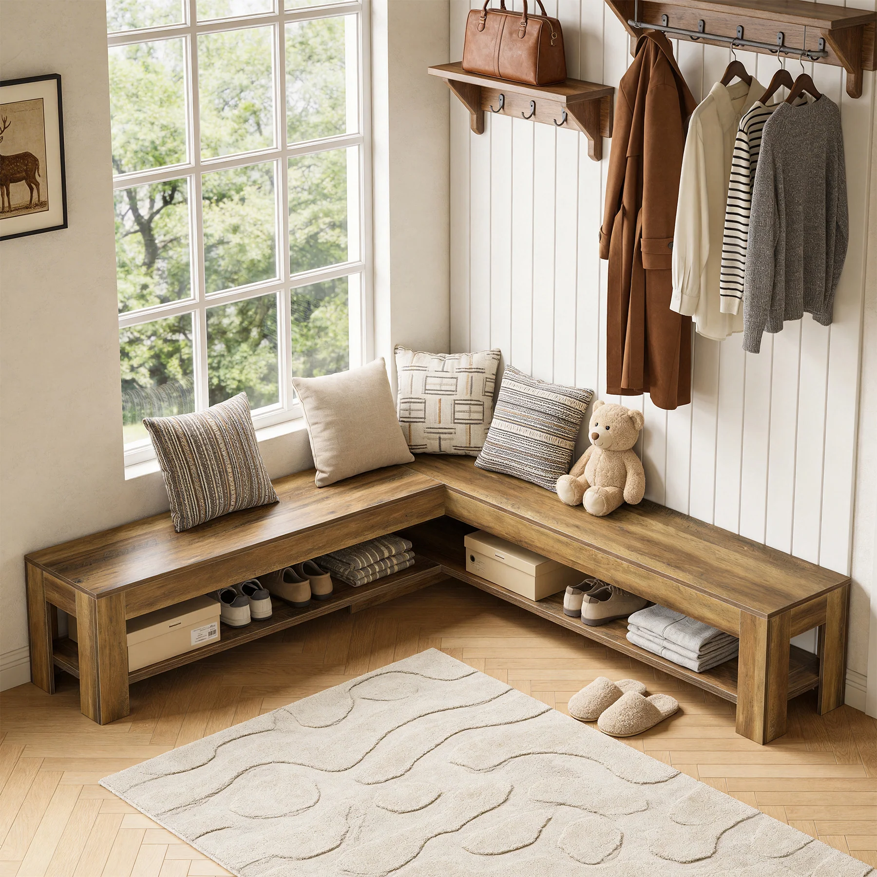 L-Shaped Bench, Corner Dining Nook Bench with Storage Shelf for Kitchen, Living Room - Image 5
