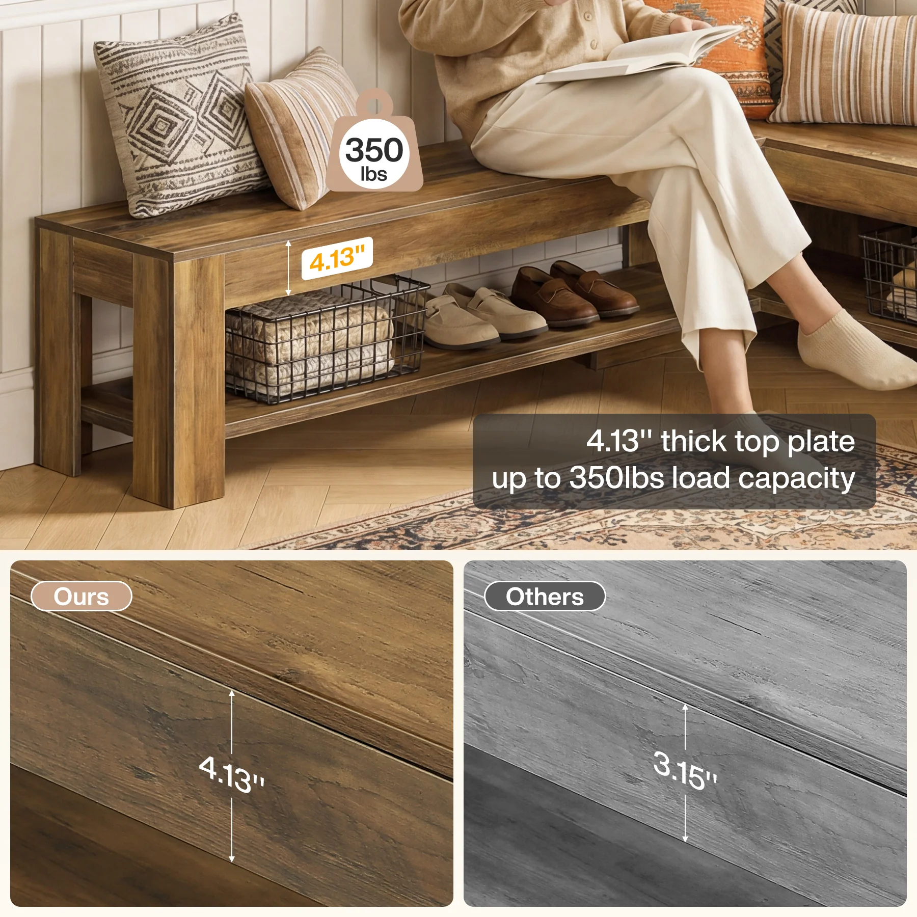 L-Shaped Bench, Corner Dining Nook Bench with Storage Shelf for Kitchen, Living Room - Image 6