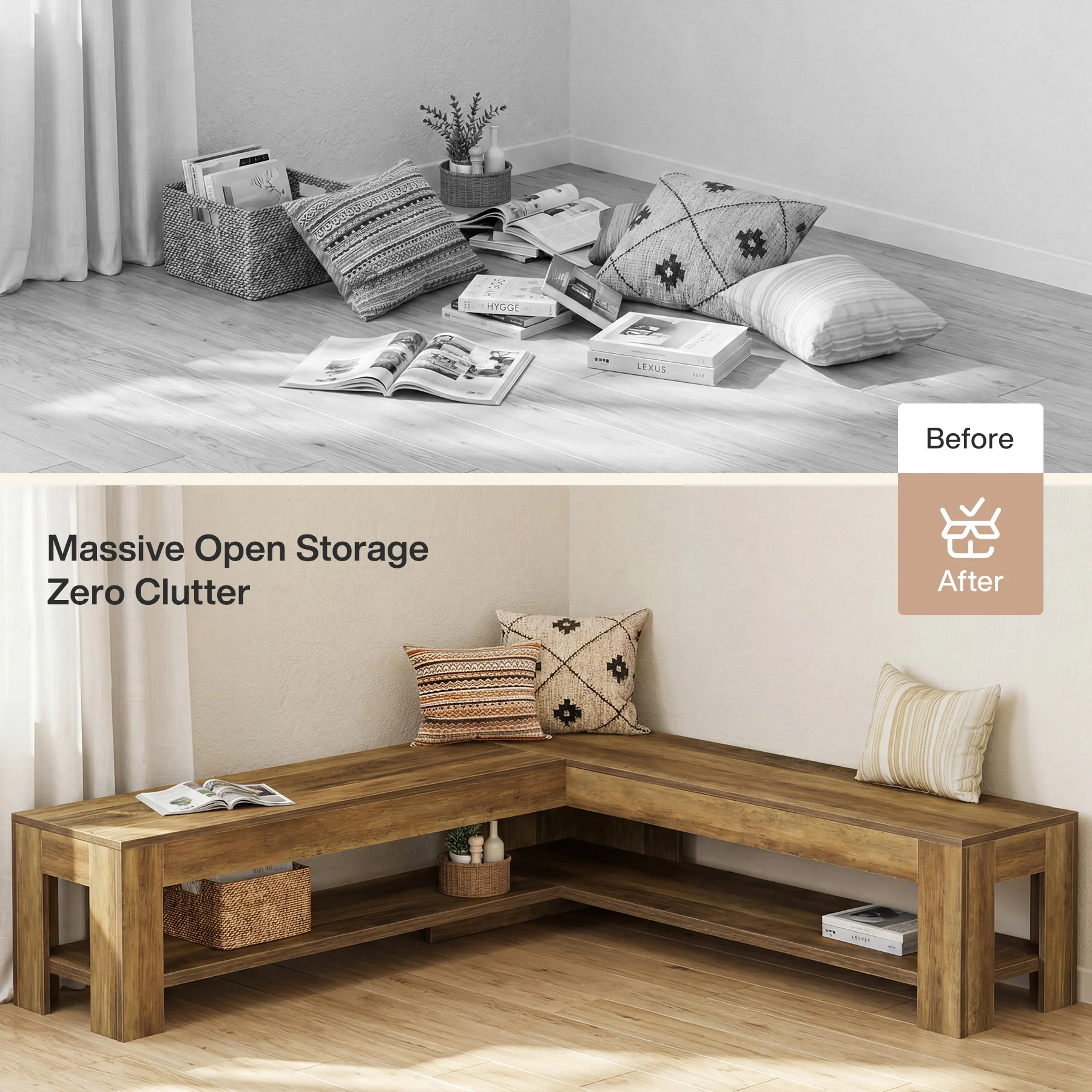 L-Shaped Bench, Corner Dining Nook Bench with Storage Shelf for Kitchen, Living Room - Image 7