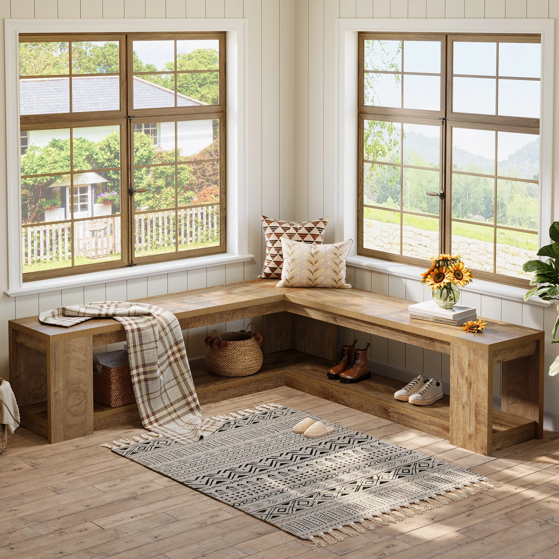 L-Shaped Bench with Storage, Corner Entryway Bench for Living Room
