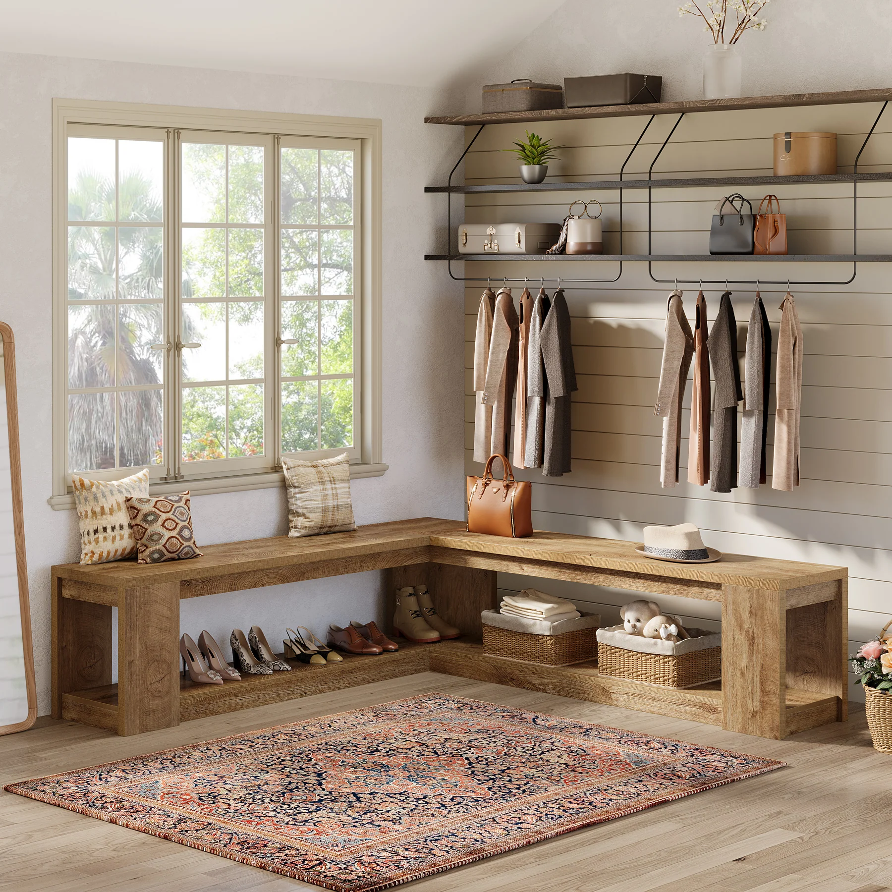 L-Shaped Bench with Storage, Corner Entryway Bench for Living Room - Image 5