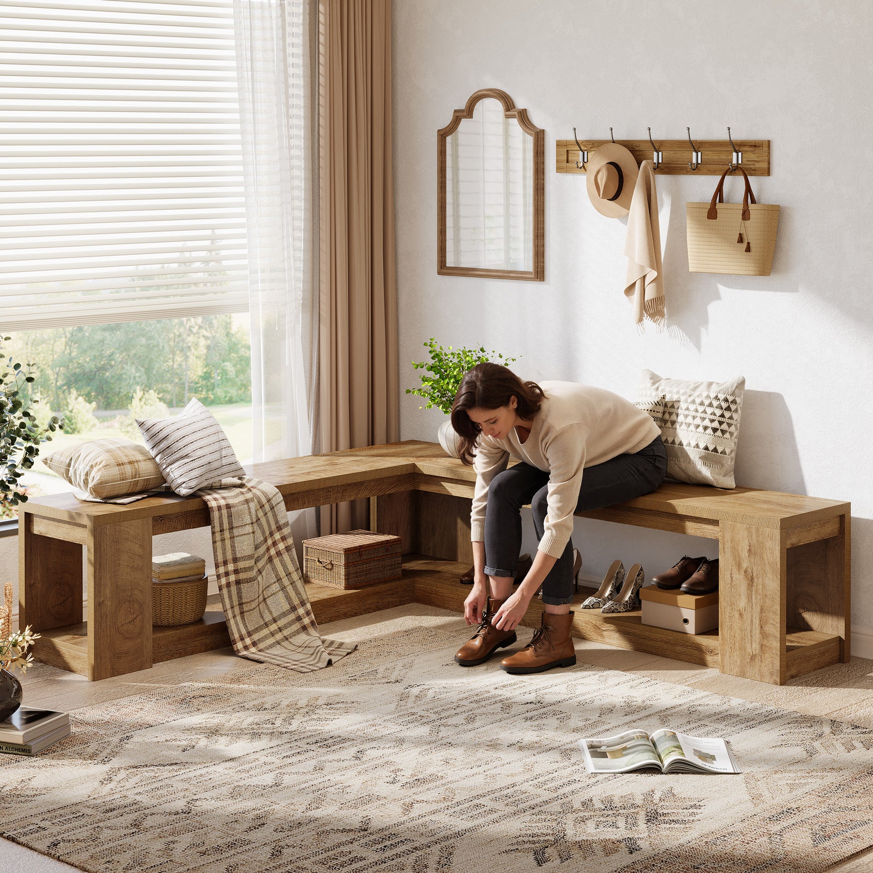 L-Shaped Bench with Storage, Corner Entryway Bench for Living Room - Image 6