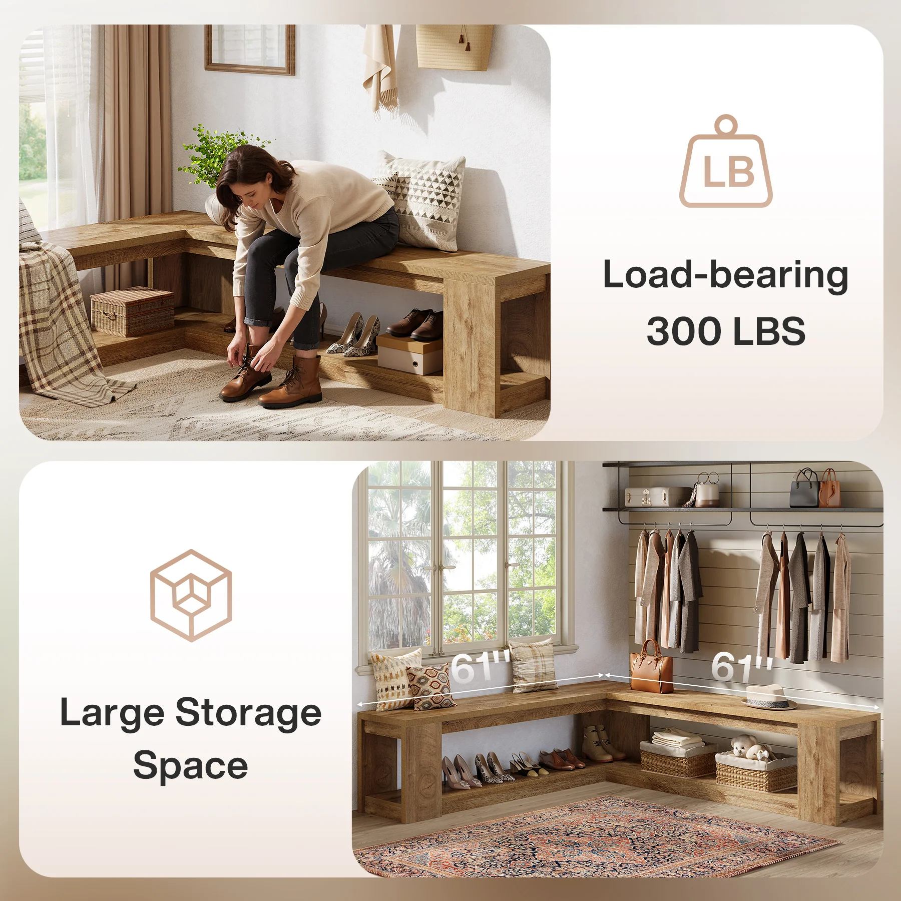 L-Shaped Bench with Storage, Corner Entryway Bench for Living Room - Image 7