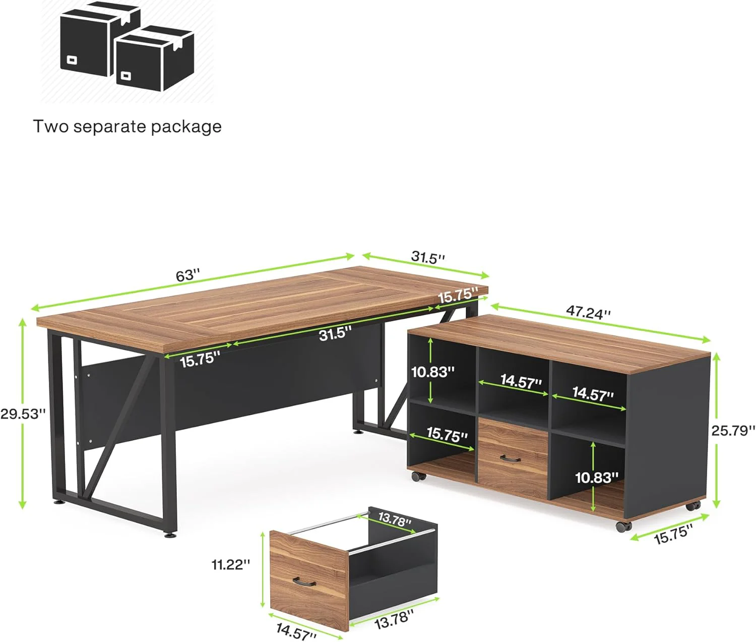 L-Shaped Computer Desk, 55" / 63" Executive Desk and Mobile File Cabinet - Image 10