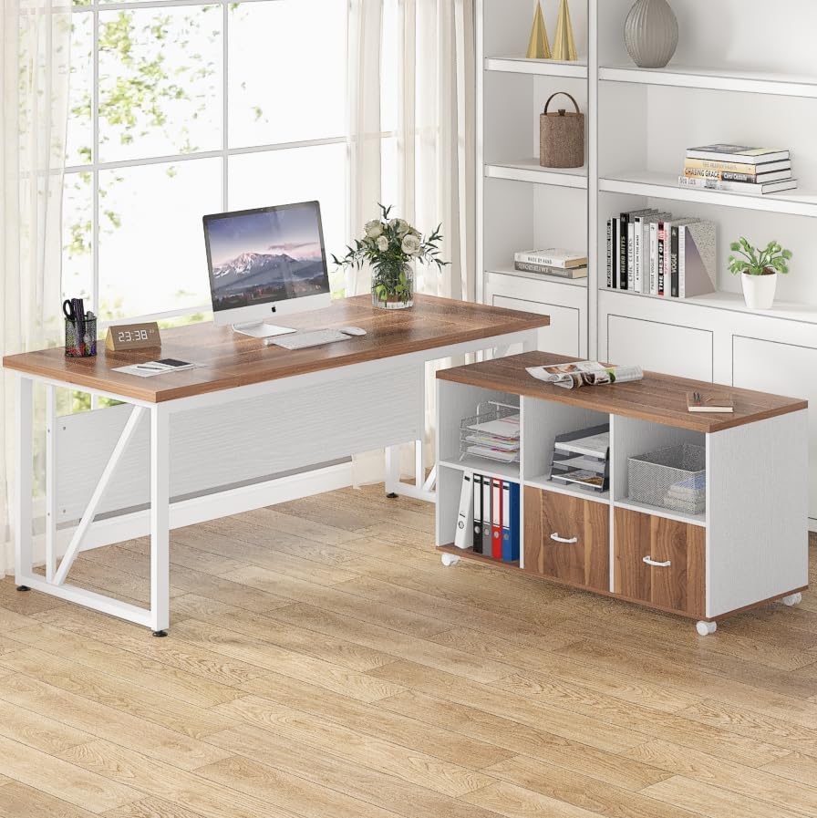 L-Shaped Computer Desk, 55" / 63" Executive Desk and Mobile File Cabinet - Image 11