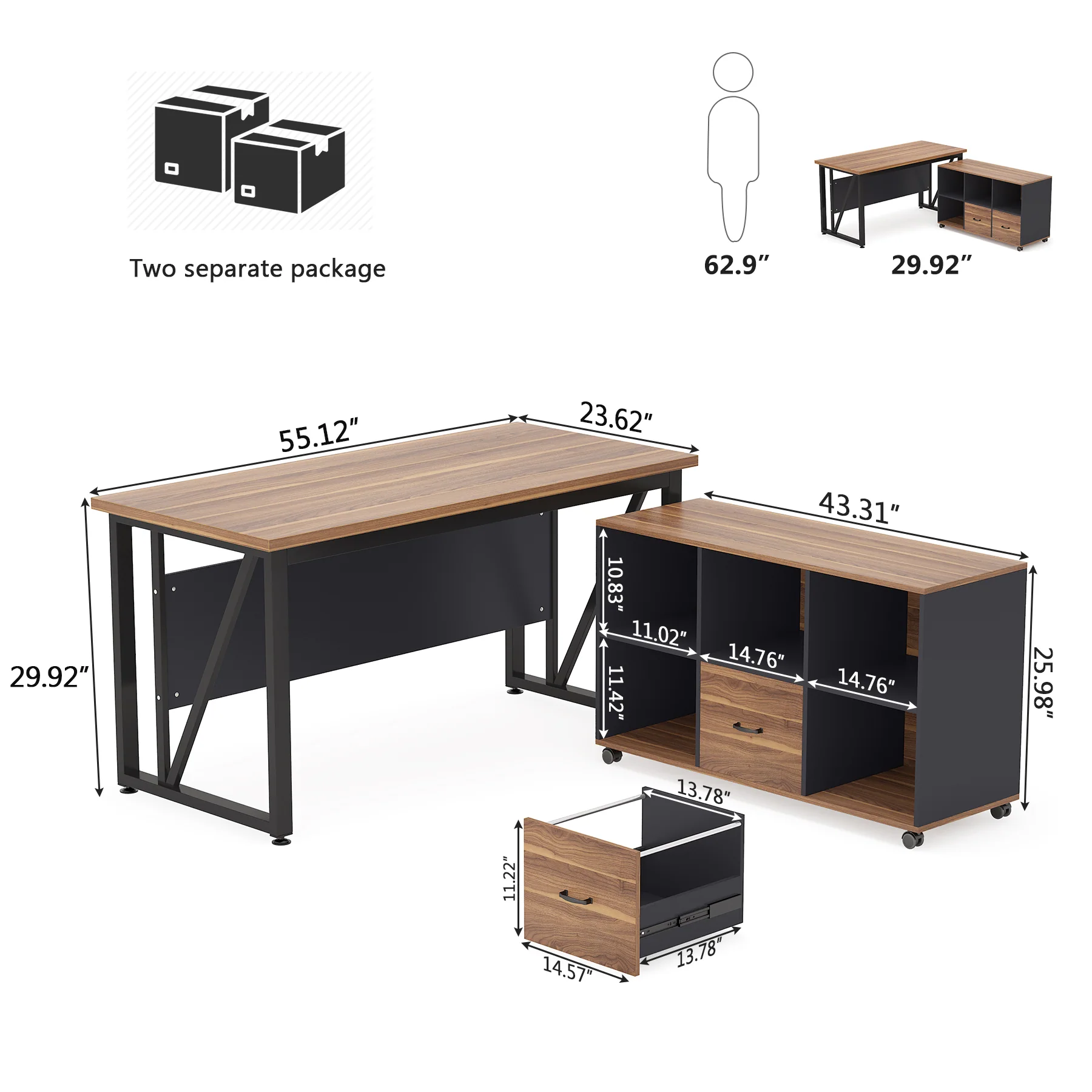 L-Shaped Computer Desk, 55" / 63" Executive Desk and Mobile File Cabinet - Image 7