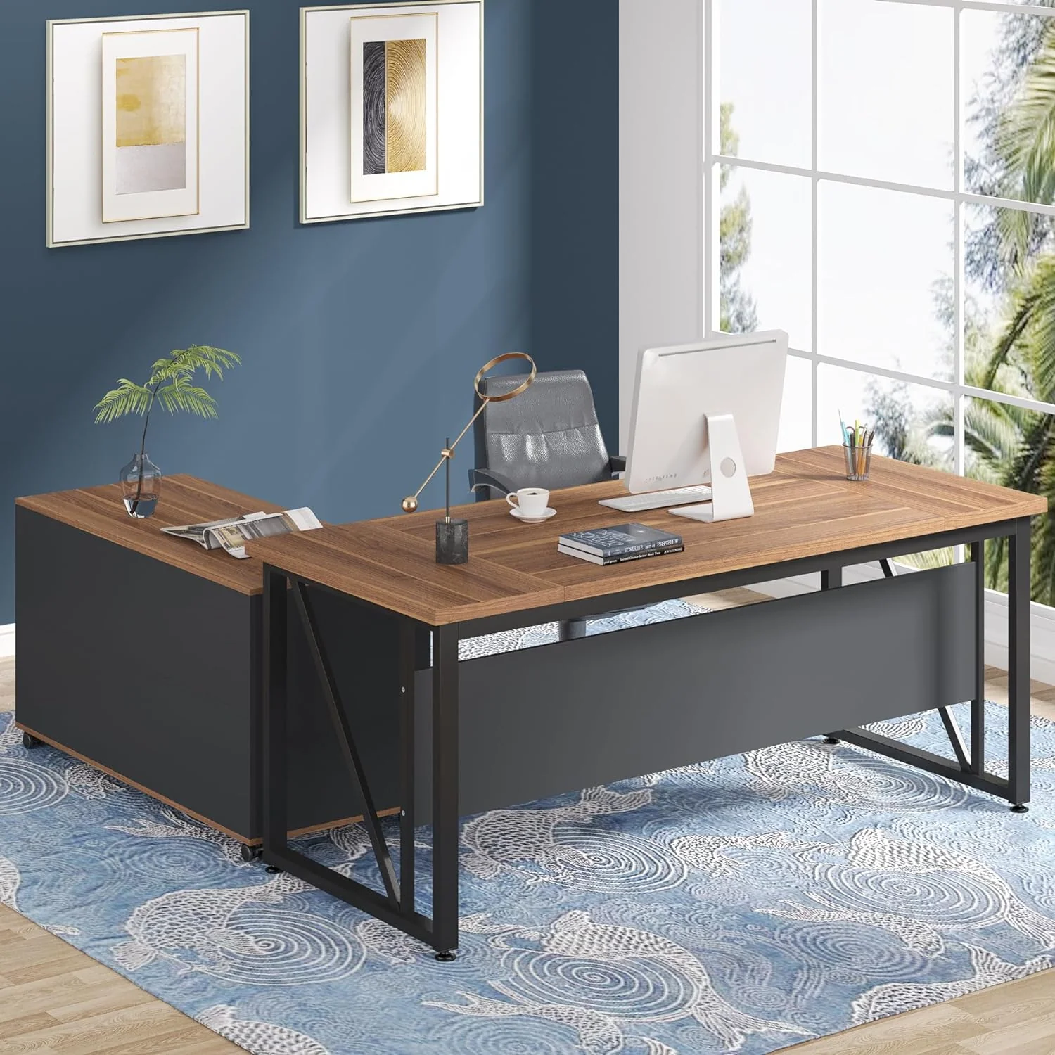 L-Shaped Computer Desk, 55" / 63" Executive Desk and Mobile File Cabinet - Image 8