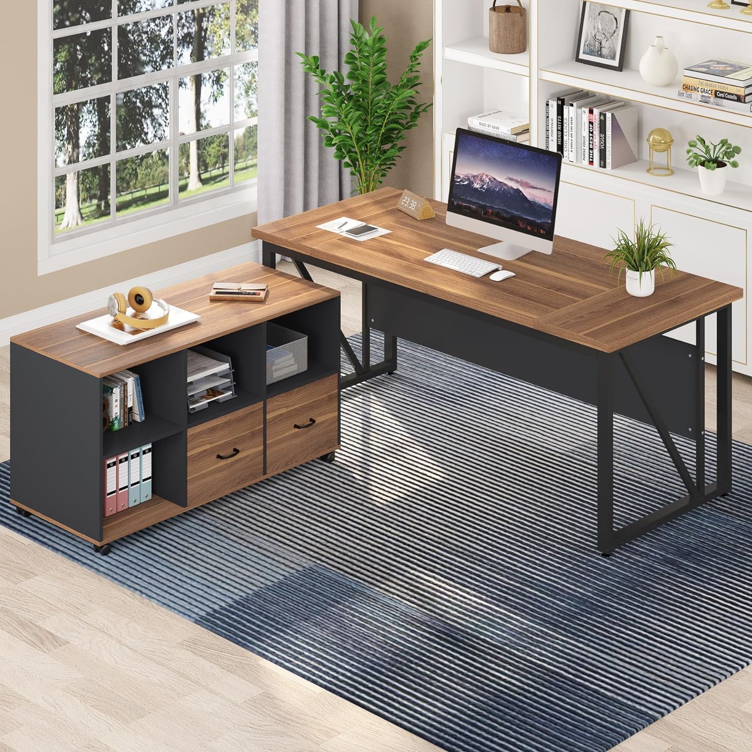 L-Shaped Computer Desk, 55" / 63" Executive Desk and Mobile File Cabinet - Image 9
