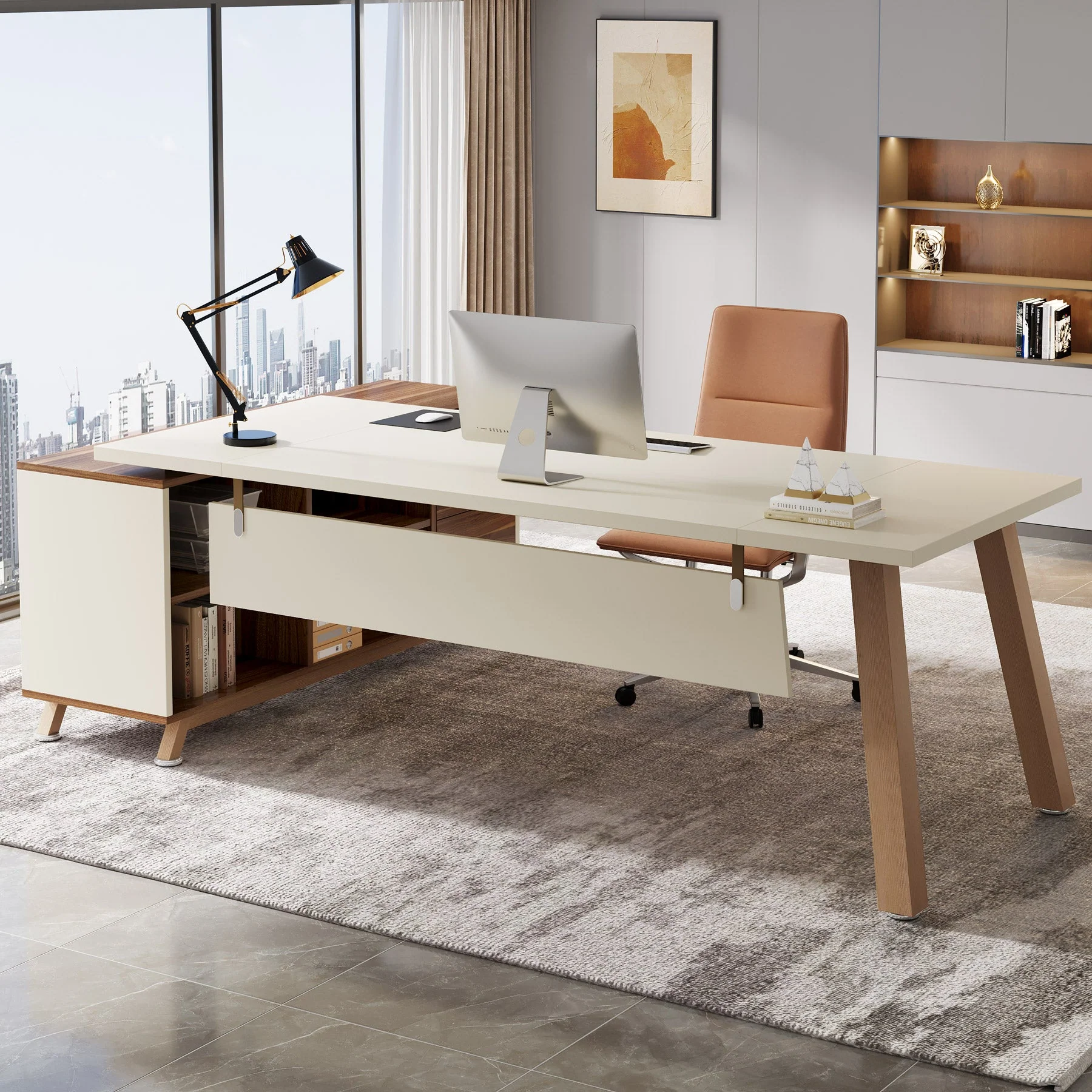 71" Executive Desk, L-Shaped Computer Desk Office Desk with File Cabinet - Image 3