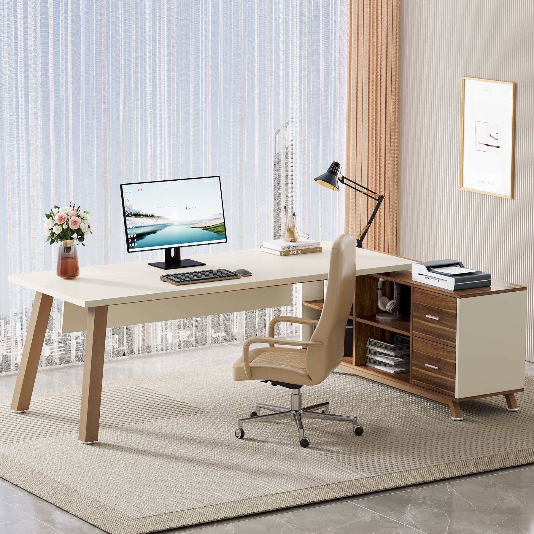 71" Executive Desk, L-Shaped Computer Desk Office Desk with File Cabinet - Image 4