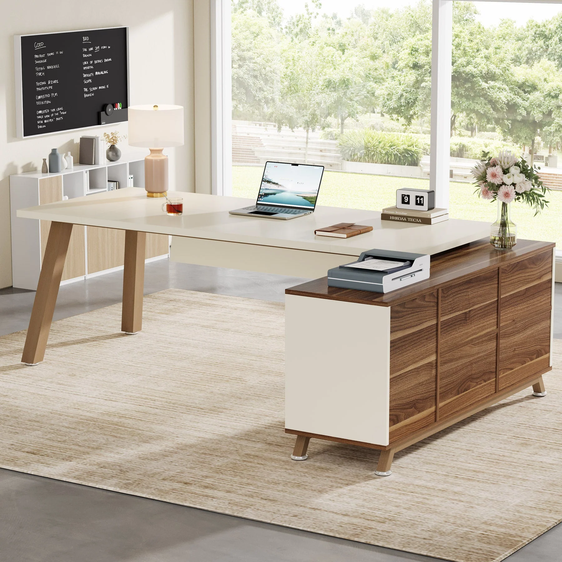 71" Executive Desk, L-Shaped Computer Desk Office Desk with File Cabinet - Image 5