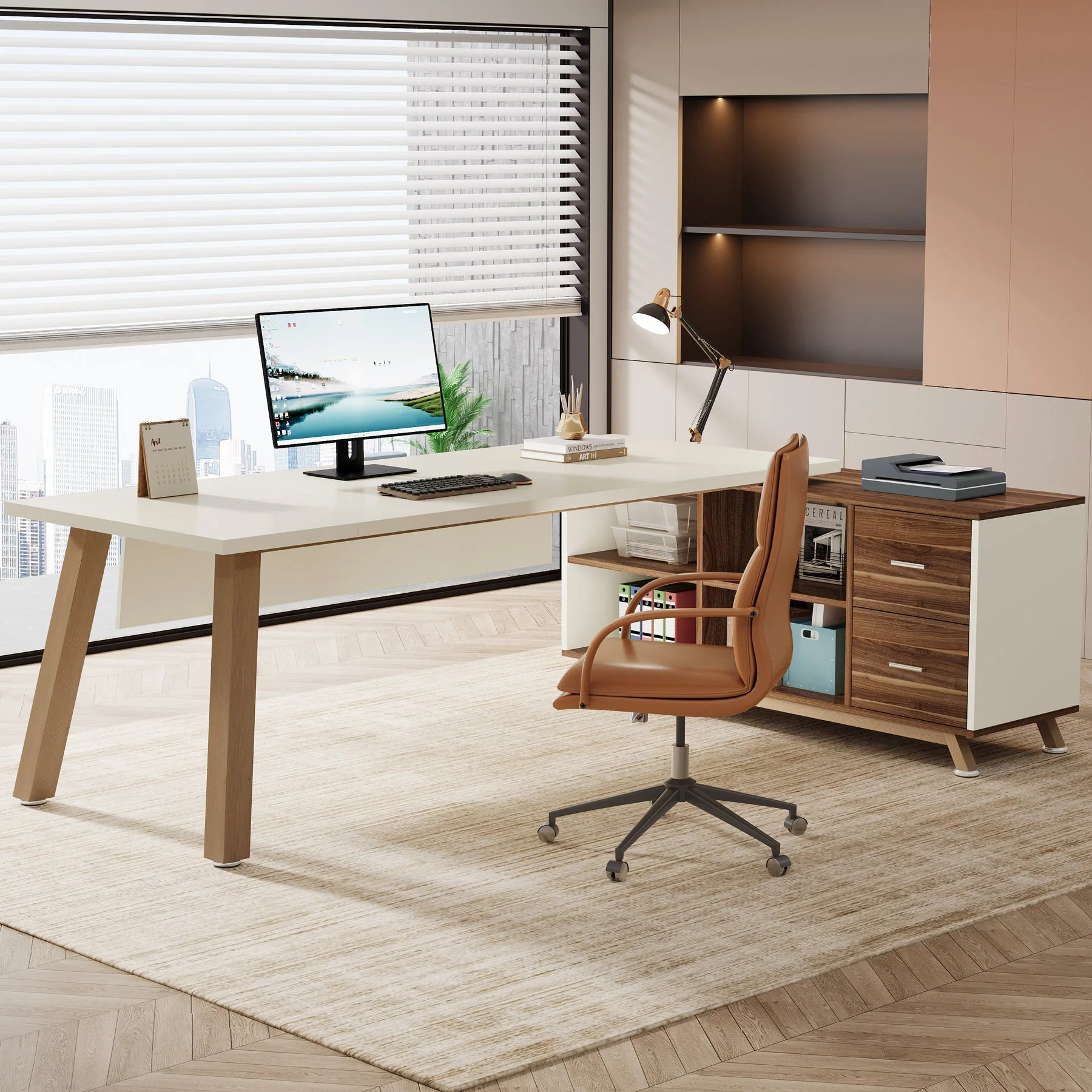 71" Executive Desk, L-Shaped Computer Desk Office Desk with File Cabinet - Image 6