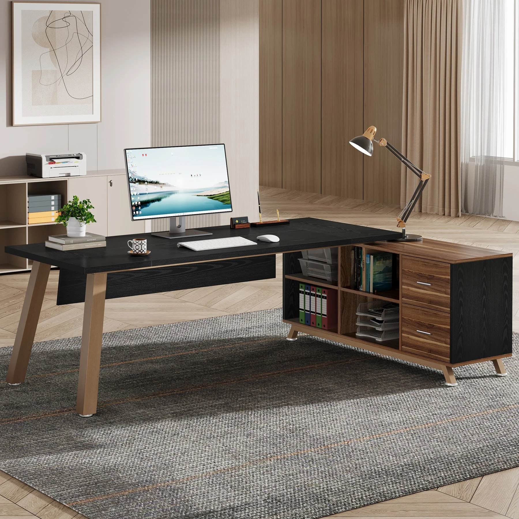71" Executive Desk, L-Shaped Computer Desk Office Desk with File Cabinet - Image 7