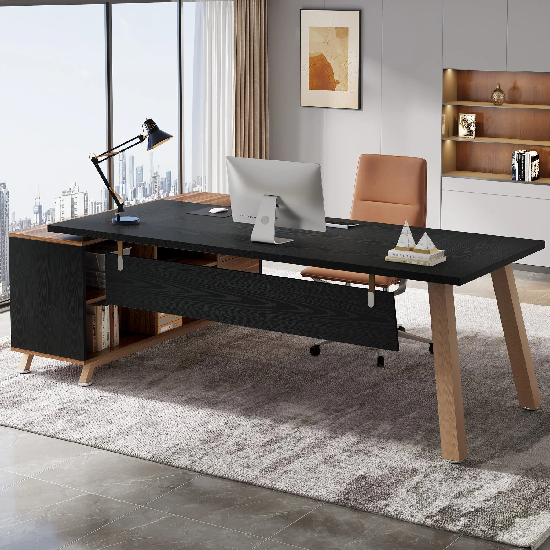 71" Executive Desk, L-Shaped Computer Desk Office Desk with File Cabinet - Image 9