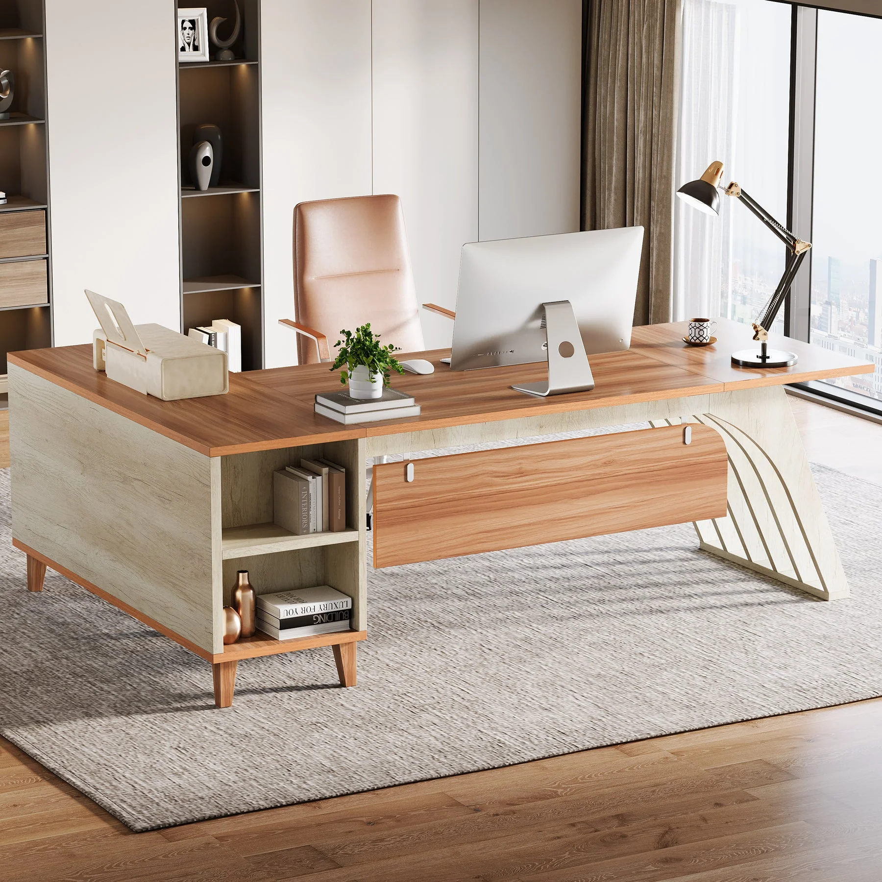 78.7" L-Shaped Executive Desk, Computer Desk Office Desk with File Cabinet