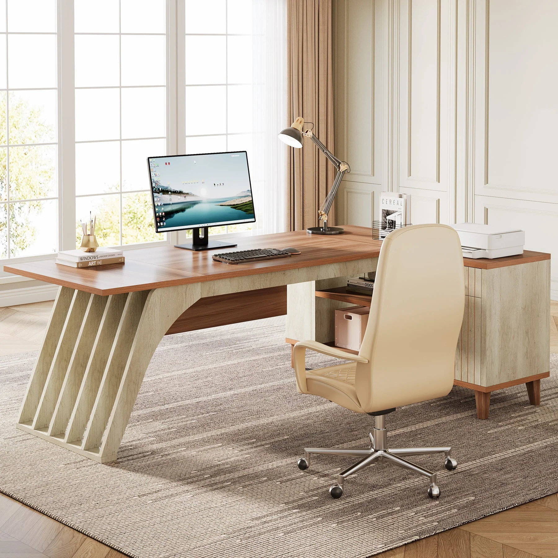 78.7" L-Shaped Executive Desk, Computer Desk Office Desk with File Cabinet - Image 3